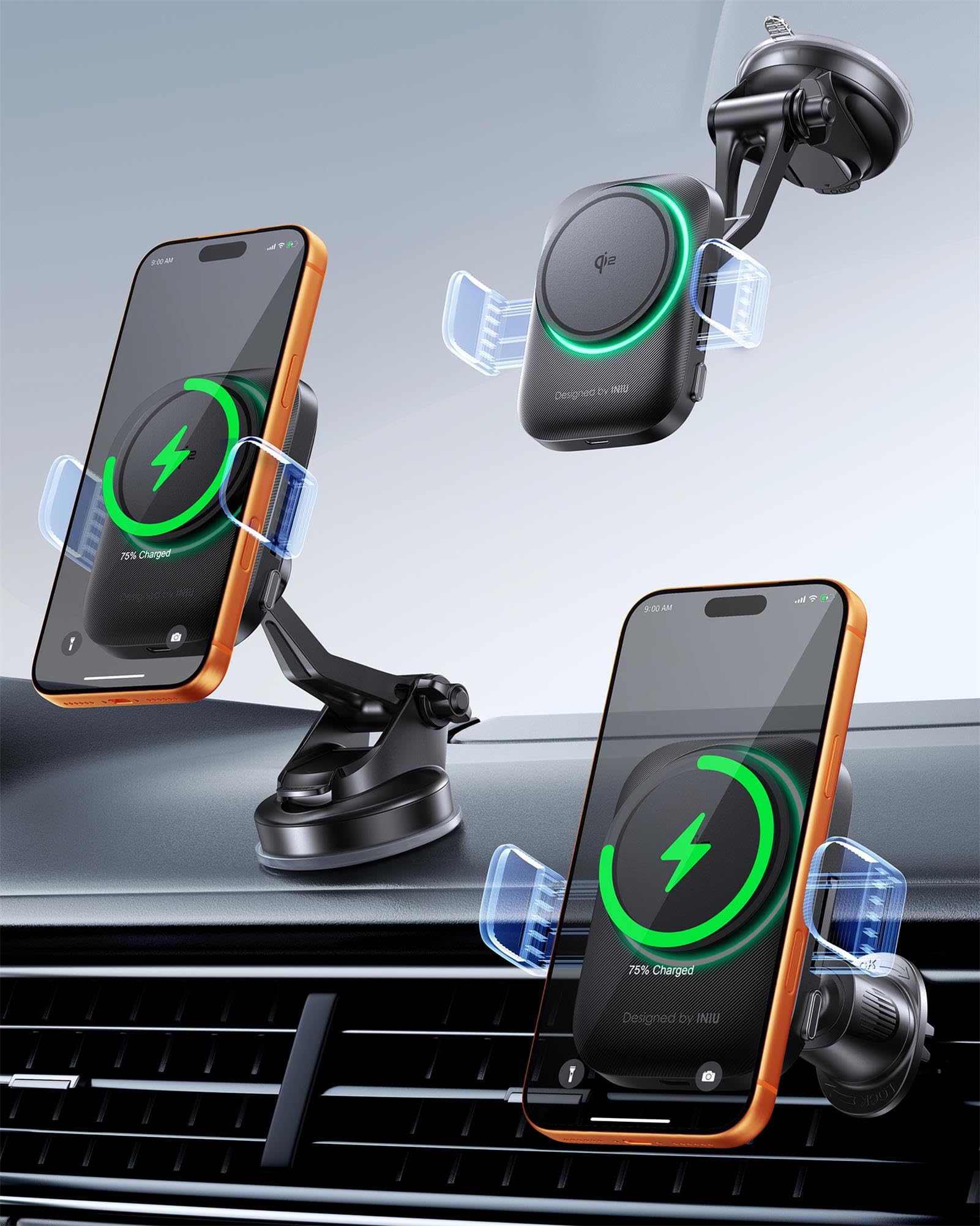 INIU Cargador inalámbrico para coche, certificado Qi2, soporte de teléfono para Magsafe, cargador magnético de carga rápida de 15 W para salpicadero, accesorios de coche, rejilla de ventilación para
