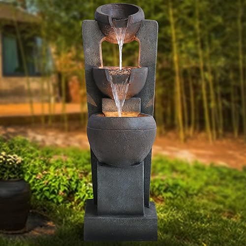 Gardenfans Garden Fountain Outdoor with LED Lights – Indoor Modern Cascading Floor-Standing Waterfall Feature Fountains for Garden,Deck, Patio, Porch, Yard and Home Art Décor