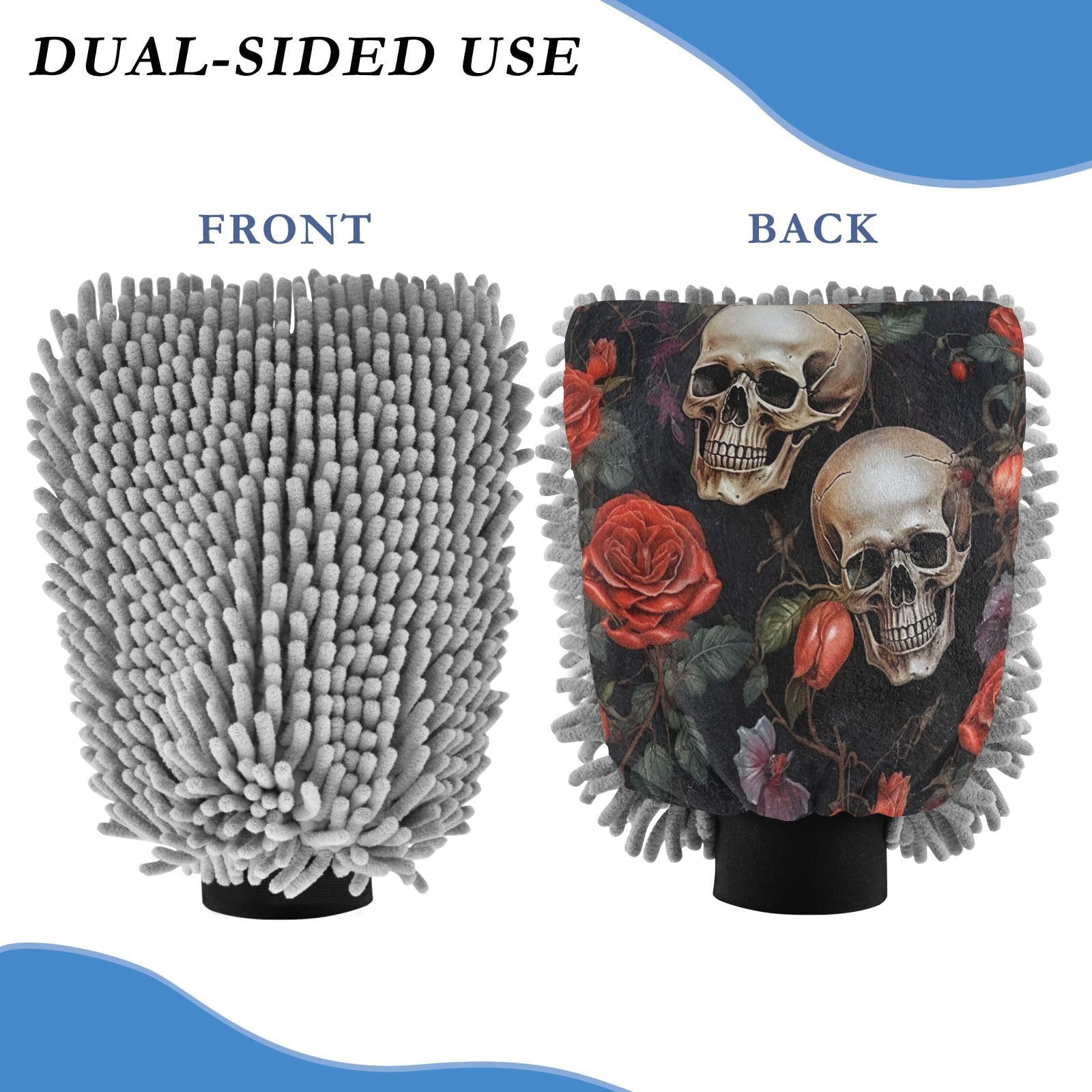 Flradish 2 Pack Skull Car Wash Mitt Chenille Microfiber Lint-Free Scratch Free Ultra-Soft Absorbent Car Wash Mitt 10.2x7.09 Inch