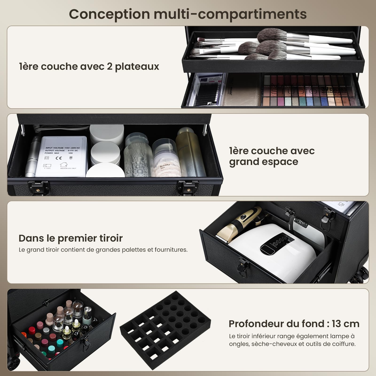 Trolley Make Up 2 Large Drawers Trolley Trolley Beautician Suitcase Professional Makeup Beauty Case Travel Tattoo/Hairdresser Case, Black - 3