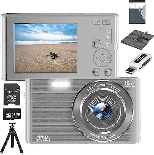 eDealz Cámara digital compacta de 44 MP, zoom de 16X, tarjeta SD de 32 GB, trípode de 6 pulgadas y soporte para tarjetas de 6 unidades, pantalla de