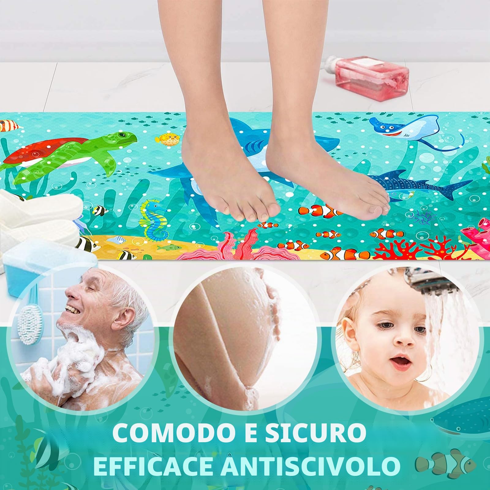 ZLPBAO Tappeto Antiscivolo Doccia, Tappeto per Doccia Bambini con 203 Ventose 100x40cm Tappeto Vasca Antiscivolo da Bagno e Doccia, Modello Animale Marino, Senza BPA