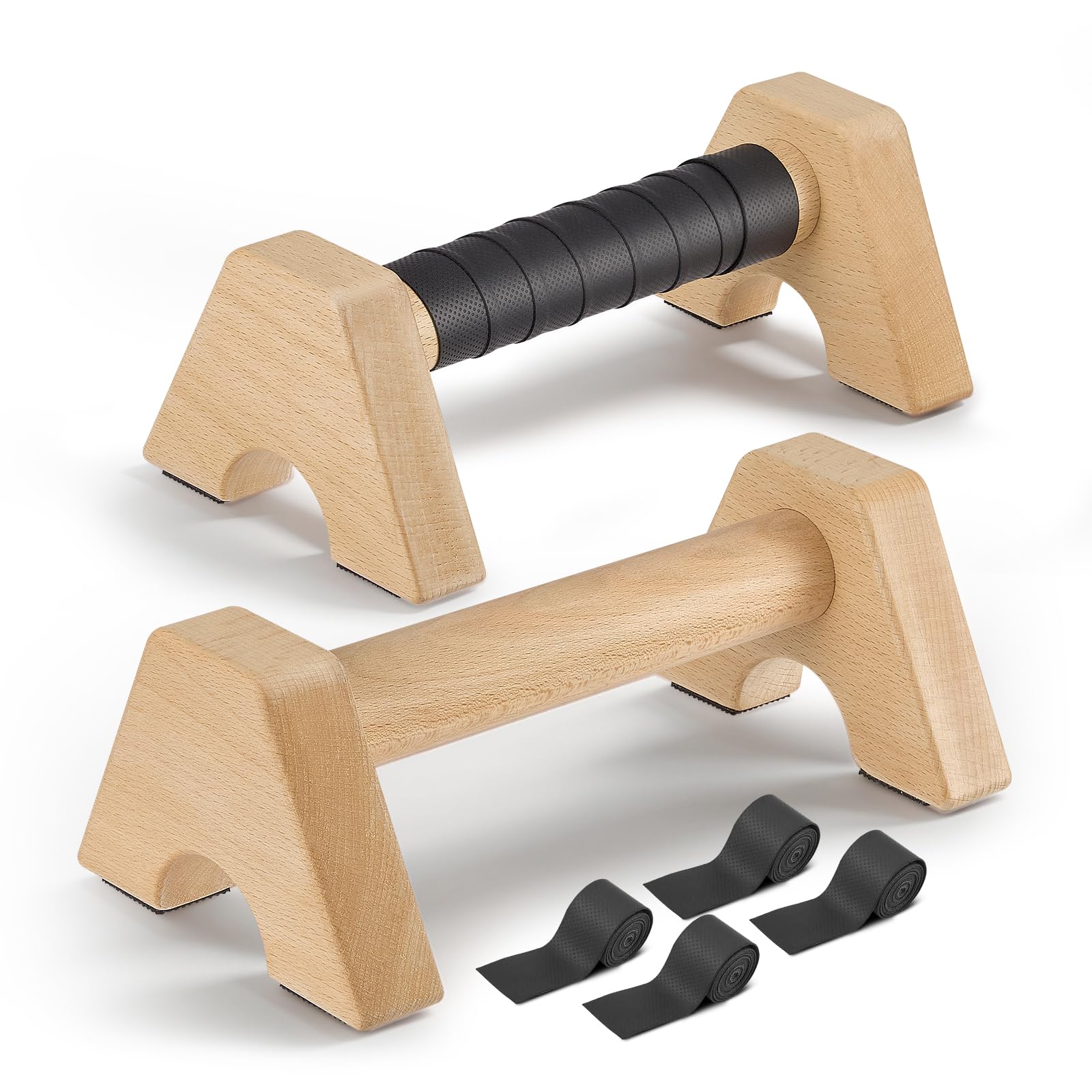 Parallettes, Poignées de Pompes en Bois Antidérapantes, Stables et Protectrices pour les Articulations avec Deux Sangles Amovibles, Equipement Cardio pour Appuis Renversés et Pompes
