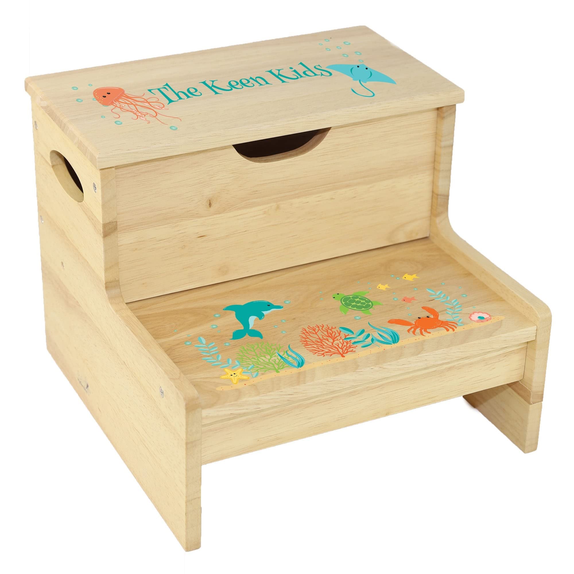 Personalized Sea Life Bathroom Step Stool with Storage - Natural Wood