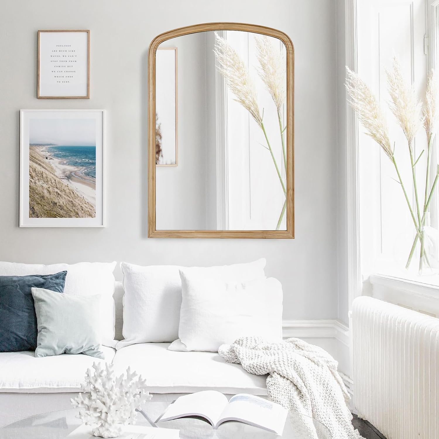 HOMECOOKIN Wood Arched Wall Mirror for Wall Mounted, 20" x 30" Farmhouse Rustic Bathroom Mirror Wood Grain Finish Framed Vanity Mirror，Wall Mirror Decorative for Entryway Living Room (Natural)