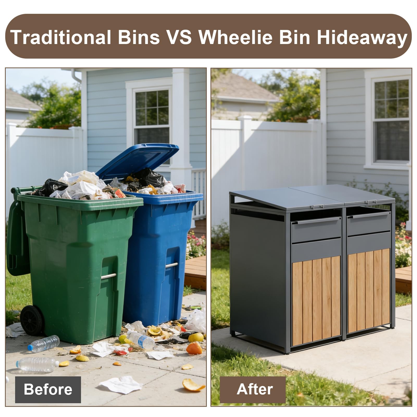 OMERAI Double Wheelie Bin Storage for 60-240 L,Weather-Resistant Outdoor Garden Bin Hideaway with Assisted Lift Lid Easy Use,Powder-Coated Steel Anthracite with Walnut Brown Doors — view 7