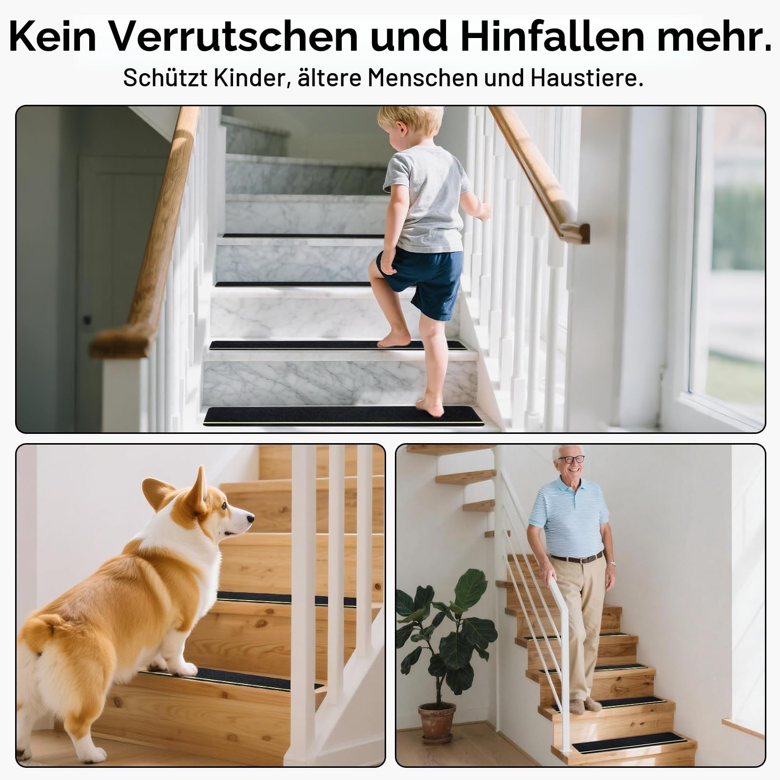DEKEones 15 Stück Treppenmatten mit Glow in Dark Streifen, 76x20cm Treppenmatten Selbstklebend für Holztreppen, 100% Polyester TPE Rückseite Treppenteppich für Kinder, Ältere und Haustiere（schwarz）