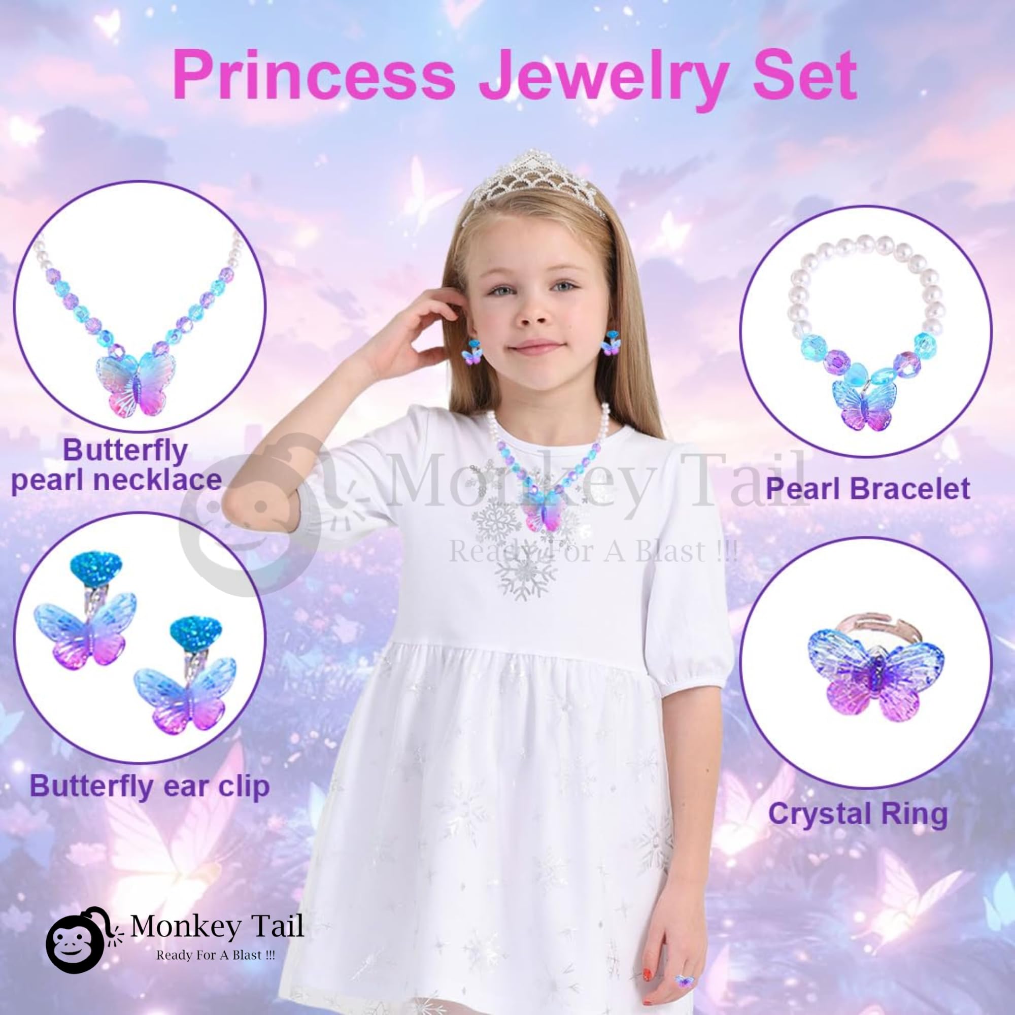 MONKEYTAIL Pink Butterfly Jewellery Kit for Kids Girls | Set of 1| Princess Jewelry Set with Pearl Beads Necklace, Bracelet, Earrings & Ring | Dress-Up Costume Accessories Gift 4