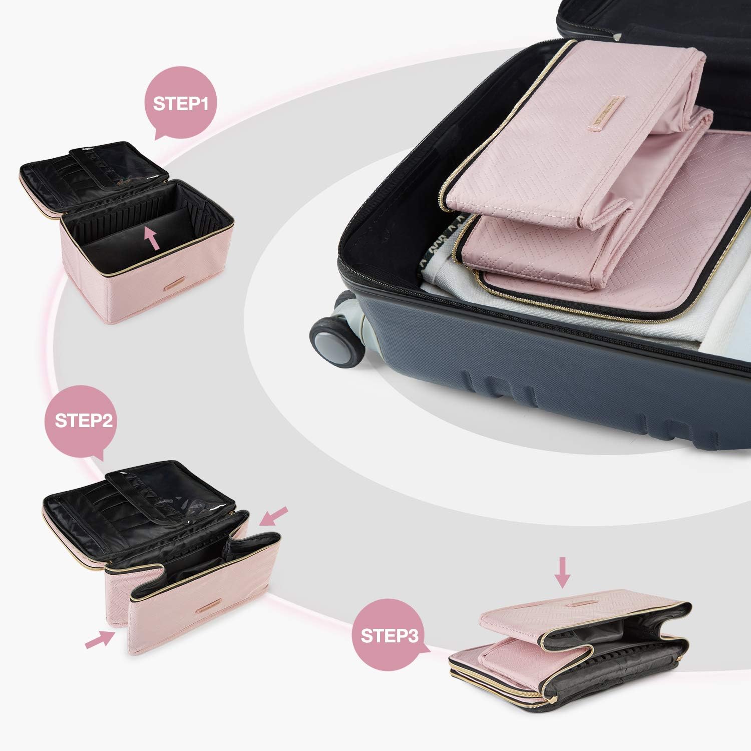 Large Makeup Case, LIGHT FLIGHT Travel Makeup Bag Cosmetic Case Organizer Portable Storage Bag with Adjustable Dividers for Cosmetics Makeup Brushes Toiletry Digital Accessories (Pink) : Beauty & Personal Care