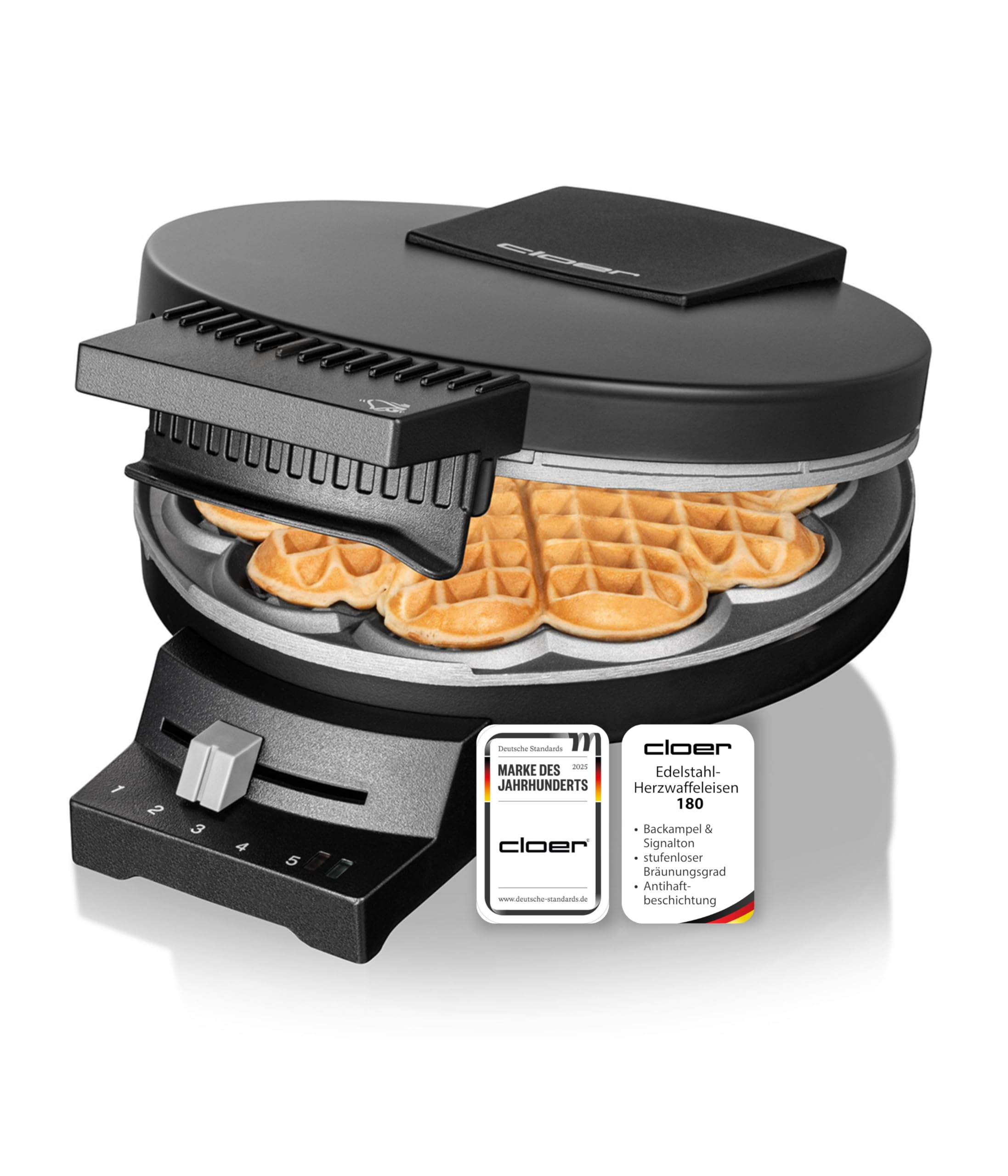 Cloer 180 Waffeleisen für eine Herzwaffel mit 16 cm Durchmesser, Herzwaffeleisen mit Doppelbeschichtung, schweren Backplatten, stufenlosem Bräunungsgrad, Backampel & Signalton, Schwarz, 930 W