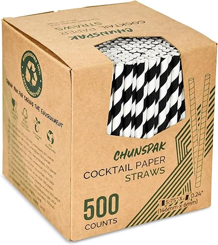 Pajitas de papel cortas desechables ecológicas de 5.75 pulgadas a granel para cócteles, bebidas mixtas, rayas blancas y negras