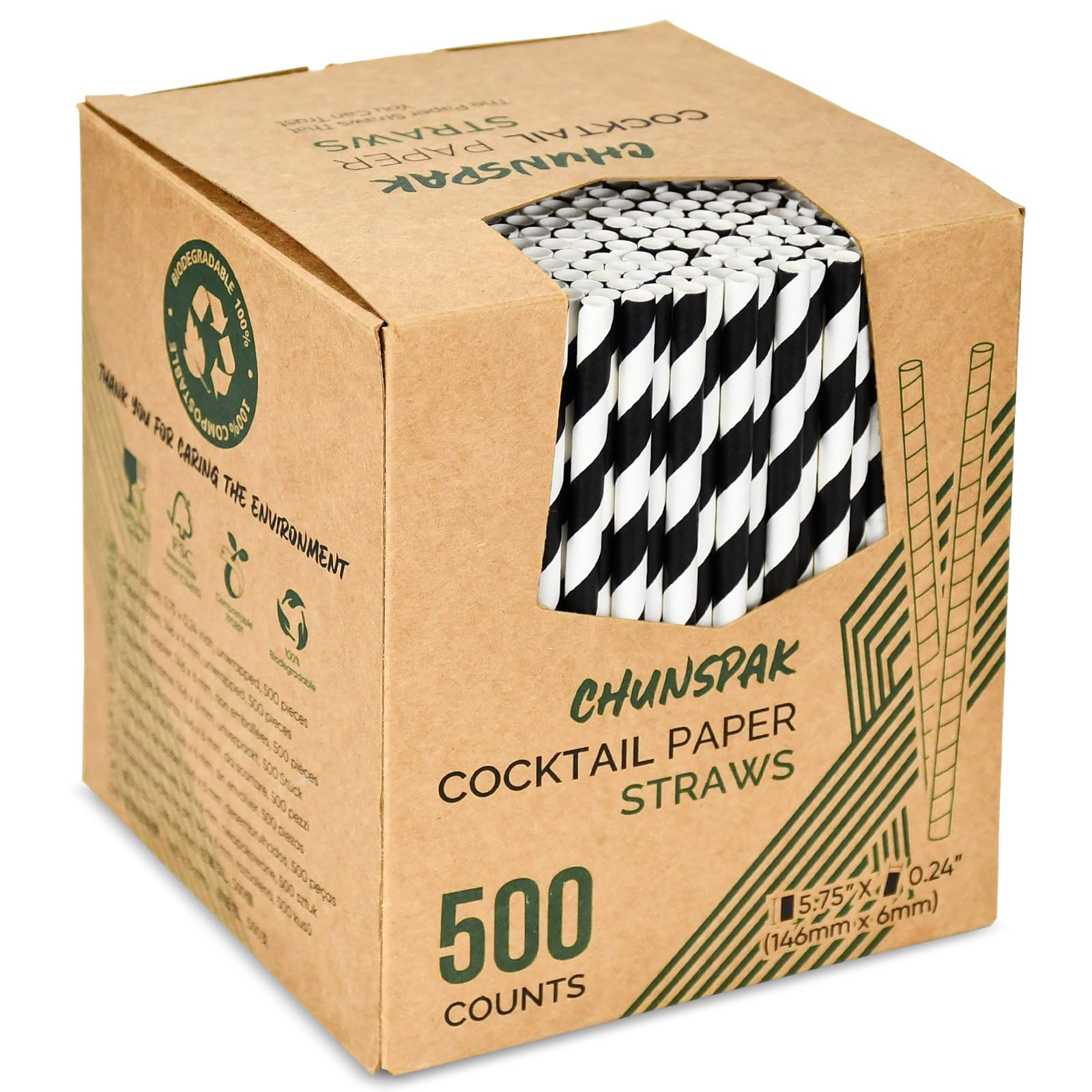 Photo 1 of [500 Counts] Chunspak 5.75 inch Eco-friendly Disposable Short Paper Drinking Straws Bulk for Cocktail, Mixed Drinks - Black White Striped