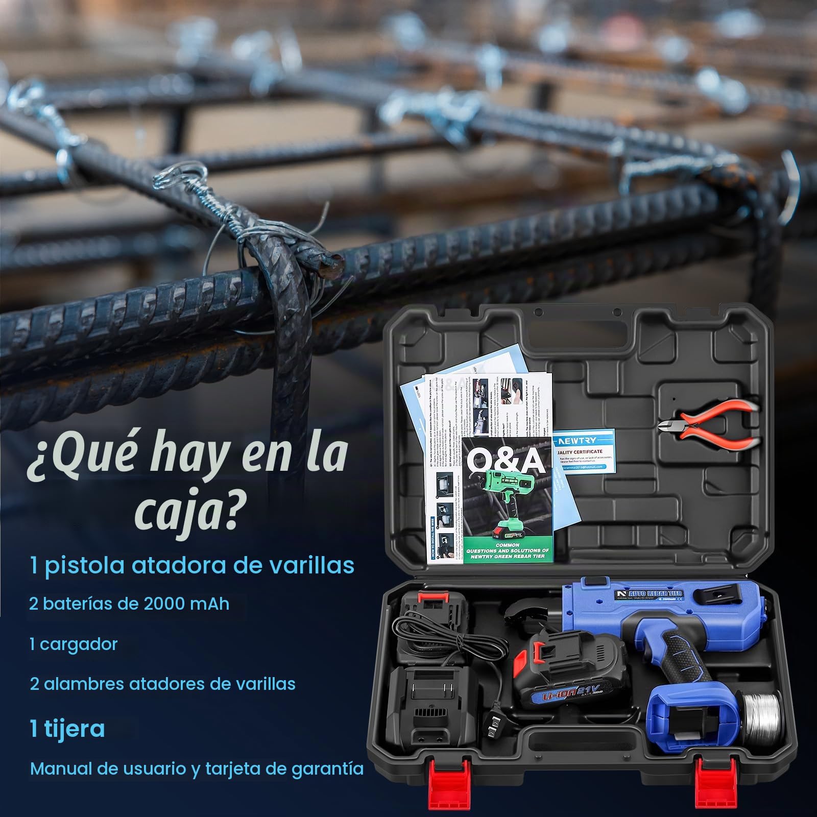 NEWTRY 20V Atadora Alambre de Ferralla Automática Cerradora para Barras de Acero de 0,3 a 1,33 Pulgadas (7~34 mm), con 2 piezas. 2.0 Ah Batería y Cargador