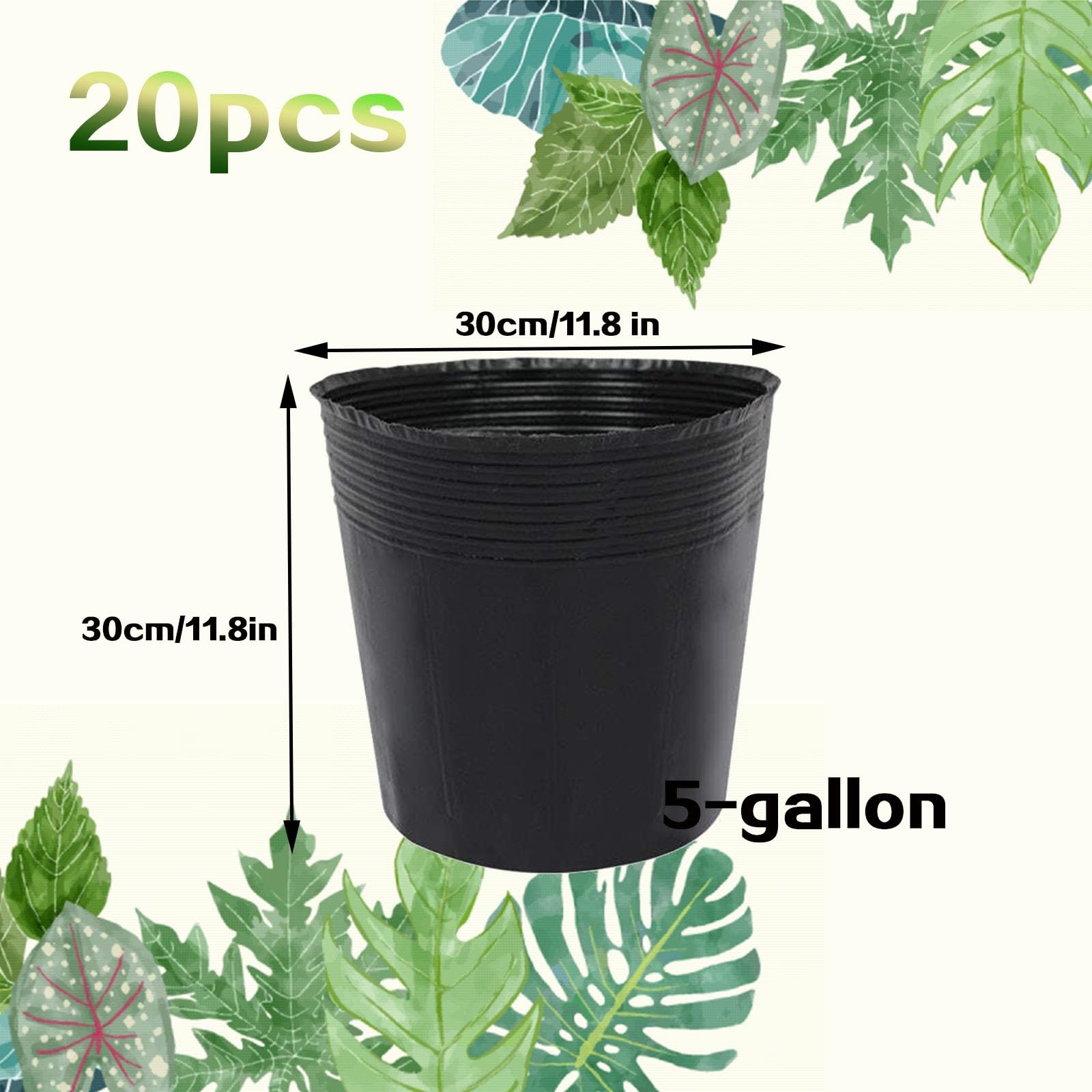 Godets de Semis Plastique Noir 10/5/3/1 Gallon, Pots pour Semis avec Trous de Drainage, Multiples Tailles pour Plantation Intérieur et Extérieur(5 gallons 20pcs)