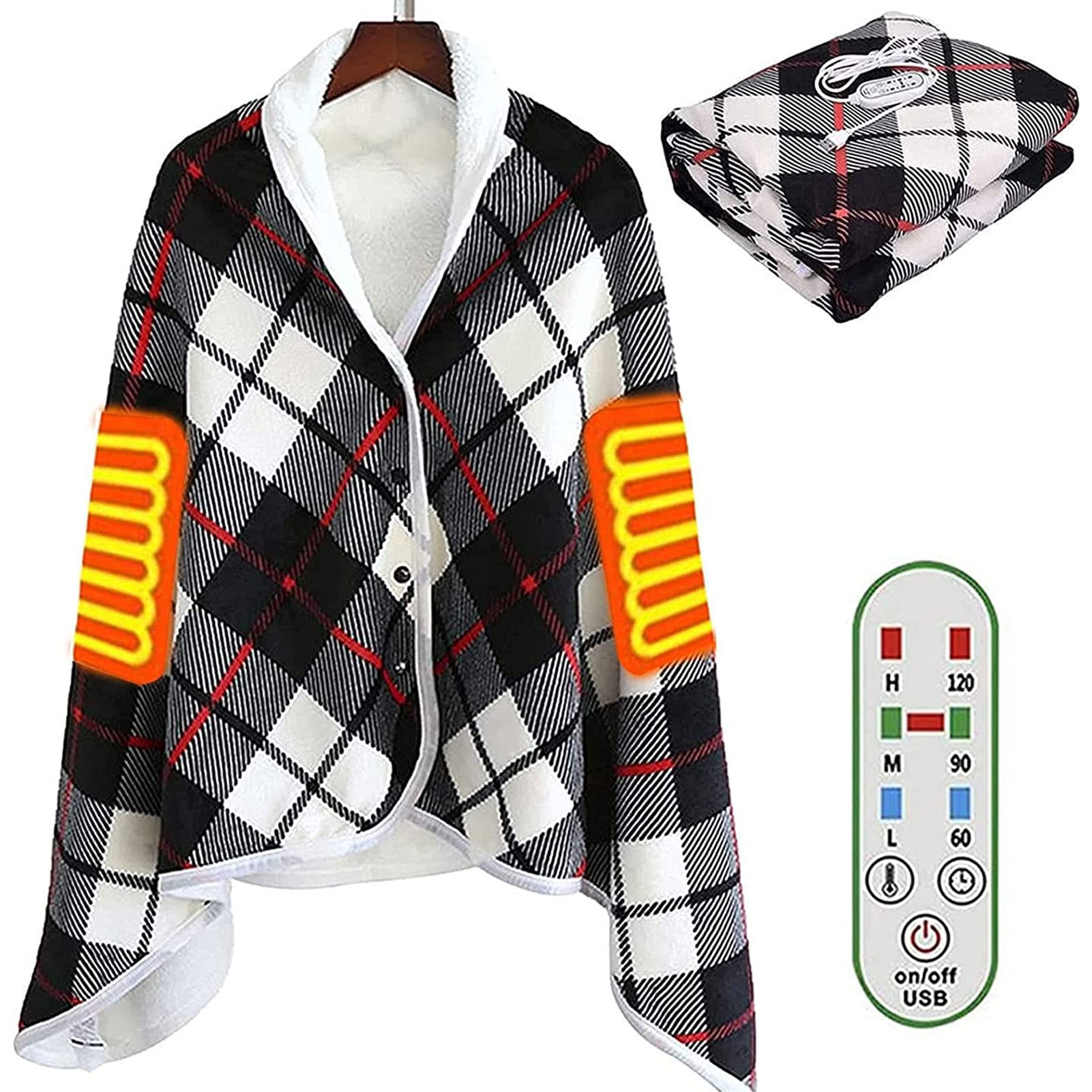 Elektryczny podgrzewany koc, elektryczny zimowy ciepły flanelowy w kratę Podgrzewany koc USB z guzikami Poręczny bezprzewodowy koc do owijania Elektryczna podkładka grzewcza z regulacją temperatury w