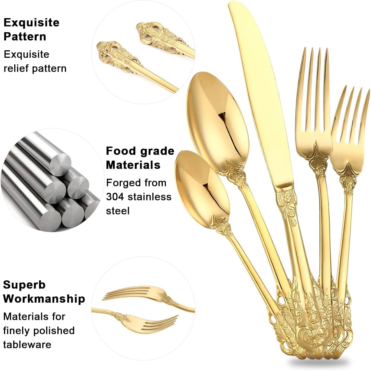 ZCF 20-Piece Gold Flatware Silverware Cutlery Set,18/10 Heavy Duty Stainless Steel Utensils,Service for 4,Include Knife/Fork/Spoon,Mirror Polished, Dishwasher Safety