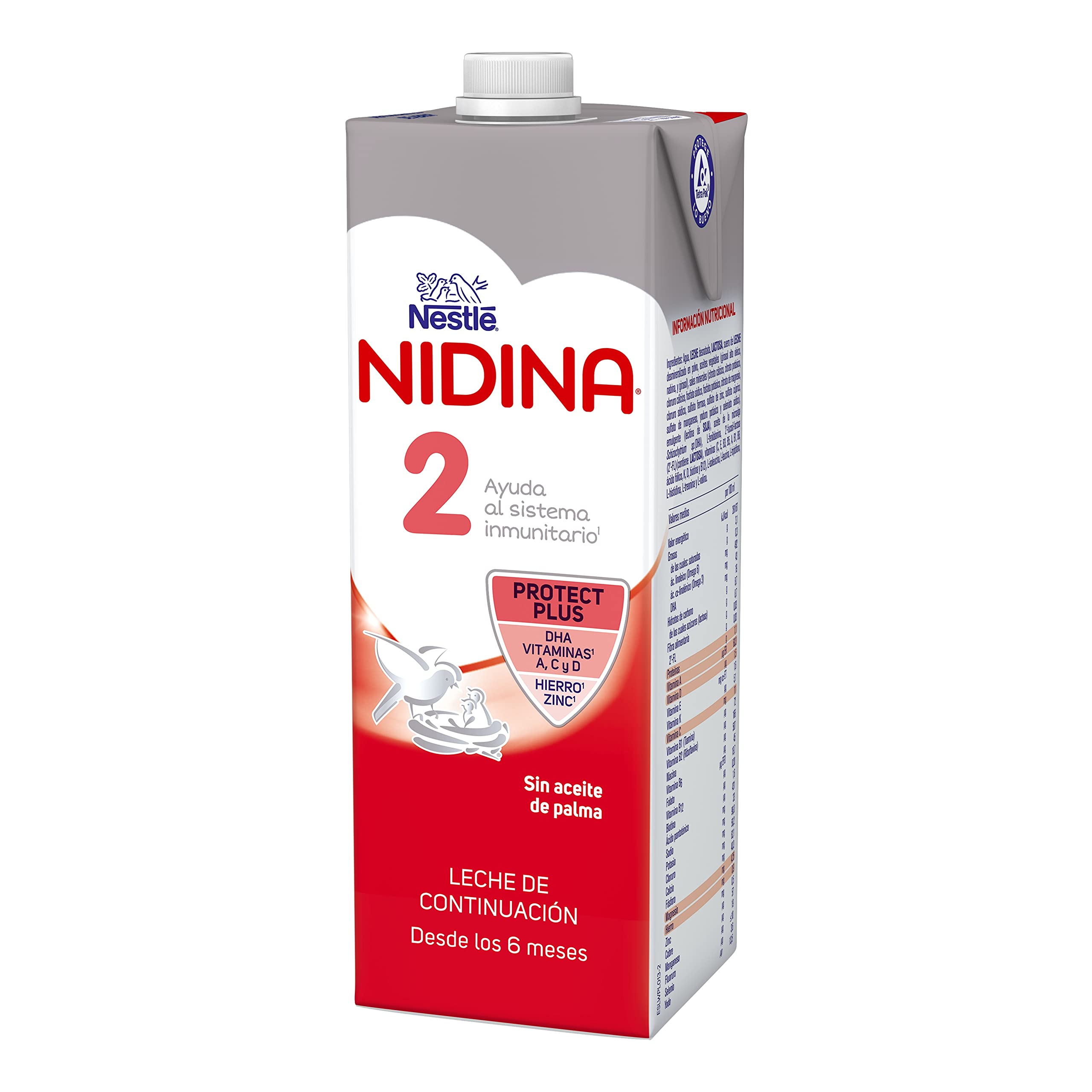 Nestlé Nidina 2- Leche de continuación líquida para bebés a partir de los 6 meses, brik de 1 litro x 4 unidades