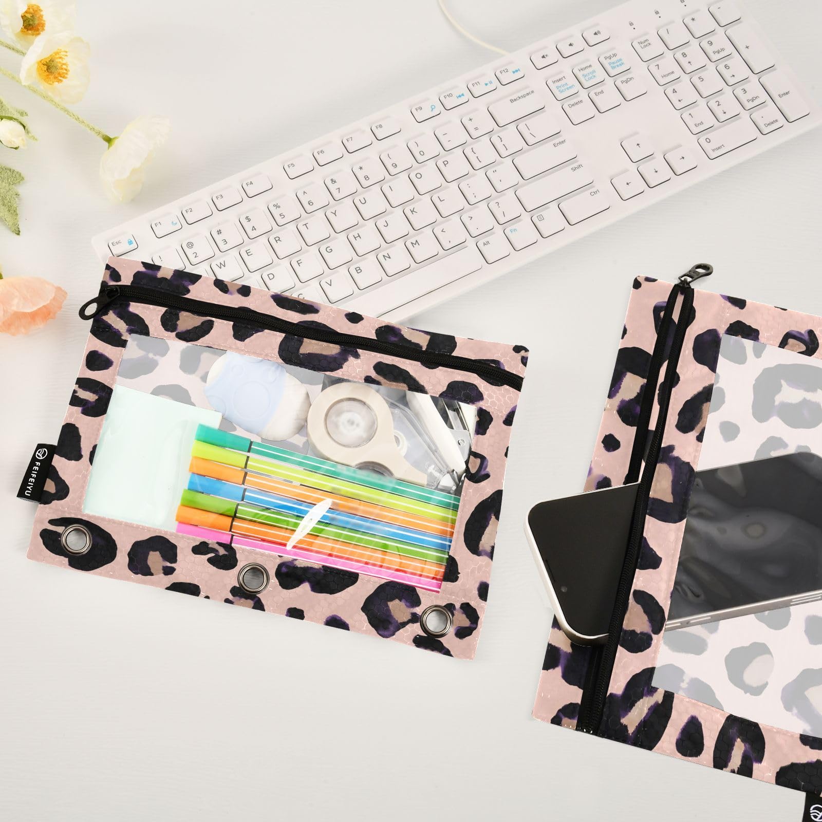 Estuche para lápices rosa con estampado de leopardo para carpeta de 3 anillos, 2 estuches para lápices con cremallera, estuche transparente con cremallera para lápices para suministros escolares de