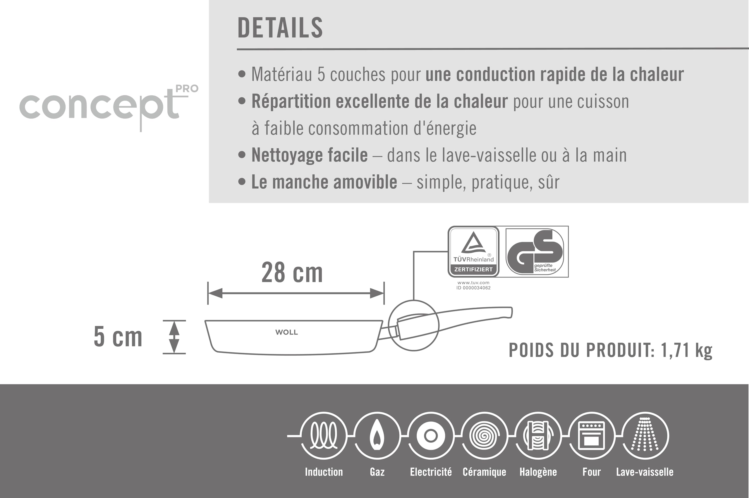 Woll – Concept PRO poêle Ø 28 cm inox, hauteur 5 cm – induction – tous feux – compatible four jusqu’à 220 °C – argenté