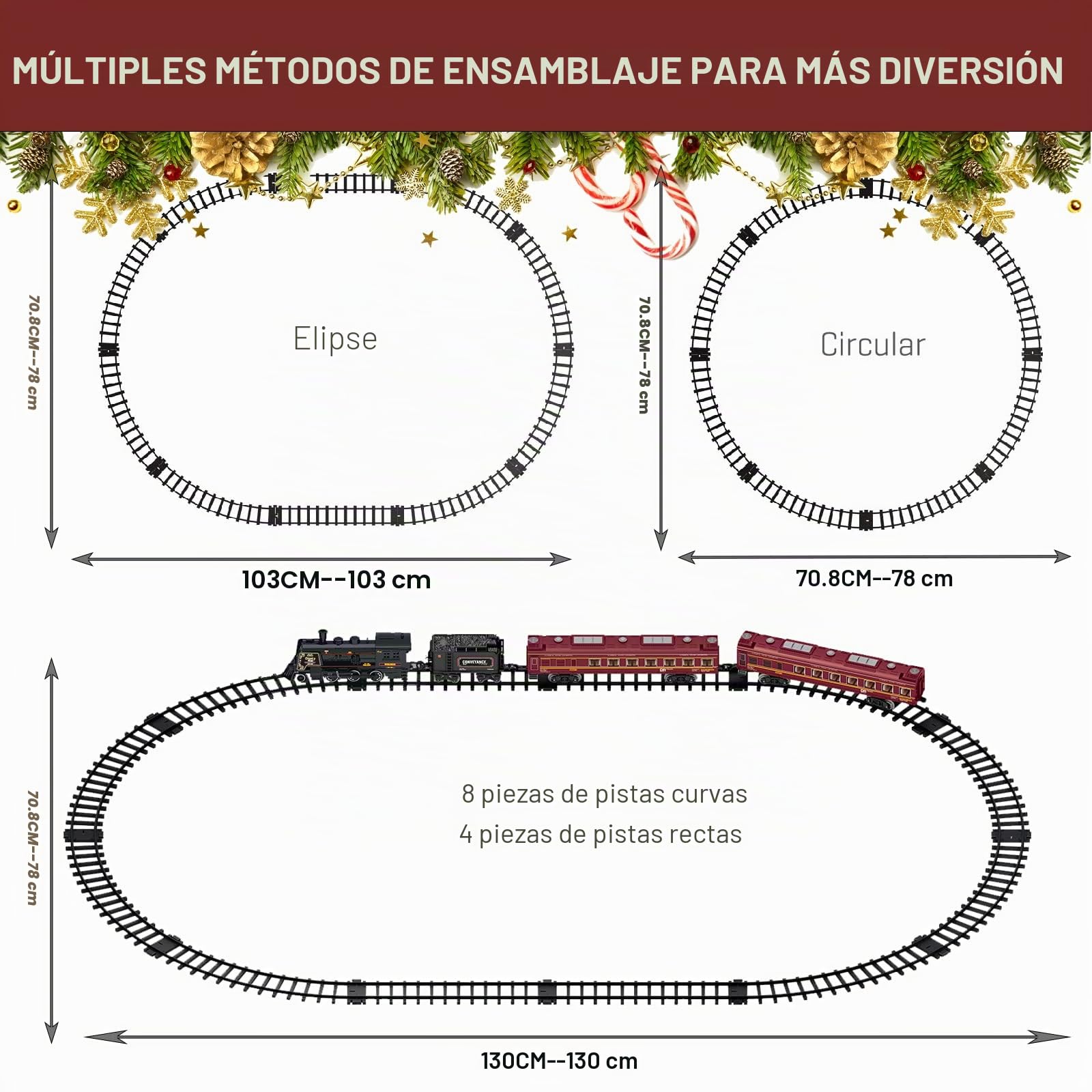 Juegos de trenes para niños de aleación de metal con locomotora de vapor, carros de pasajeros, pistas y rompecabezas, kits de ferrocarril con humo, luz y sonidos, 7, 8 años y rojo