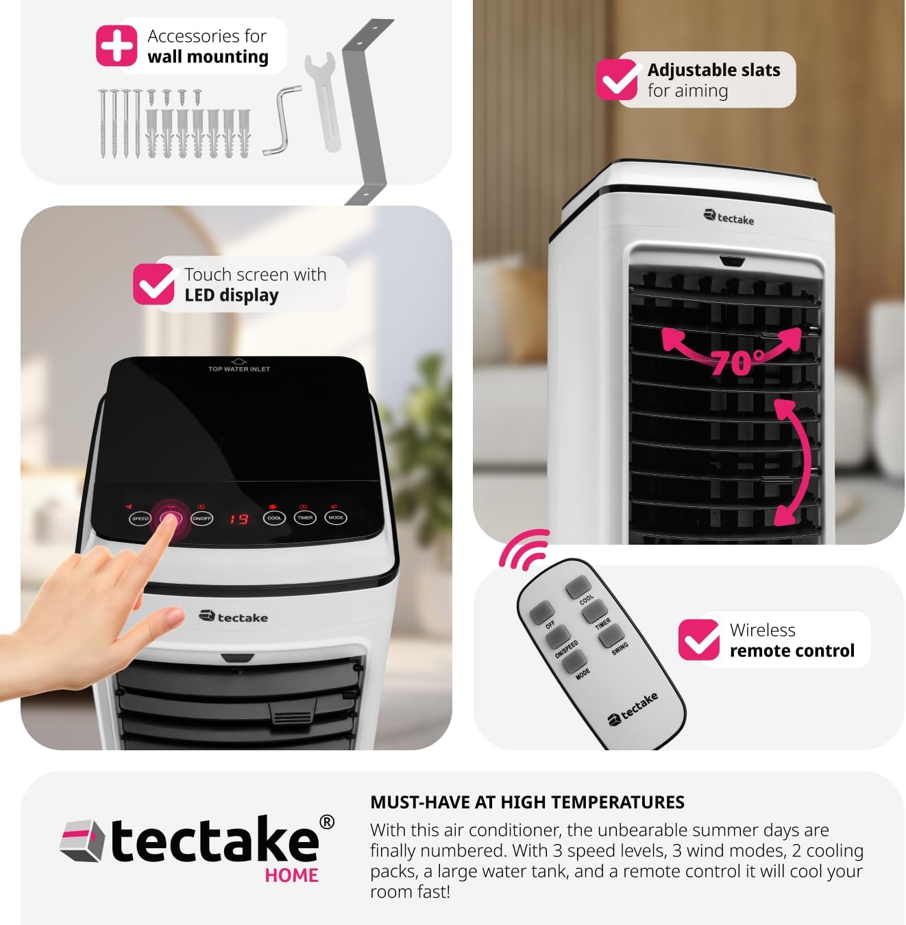 Image showing the air conditioner unit, wall mounting accessories, touch screen, adjustable slats, and remote control.