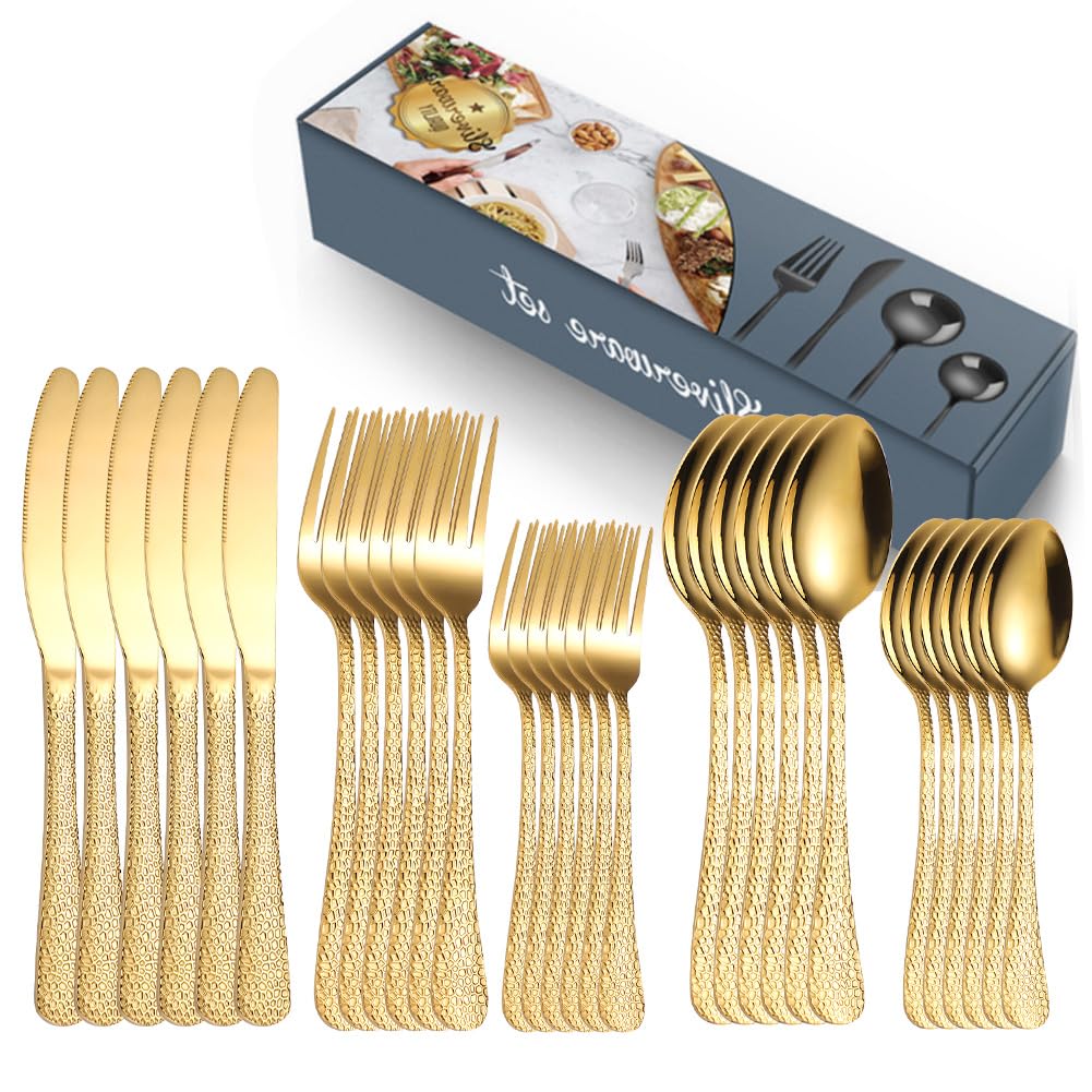 Home Safety Juego de cubiertos dorados, juego de cubiertos de acero inoxidable de 30 piezas, juego de cubiertos de pulido de espejo de alta calidad para 6, incluye cuchillos, tenedores, cucharas, apto