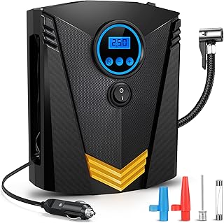 Petrinda Car Tyre Inflator Air Compressor, 12V Portable Car Tyre Pump, Auto Shut Off Feature, 150PSI Electric Digital Tyre Inflator with 3 Nozzles & LED Light Suitable for Car, Motorcycle, Bike, Ball