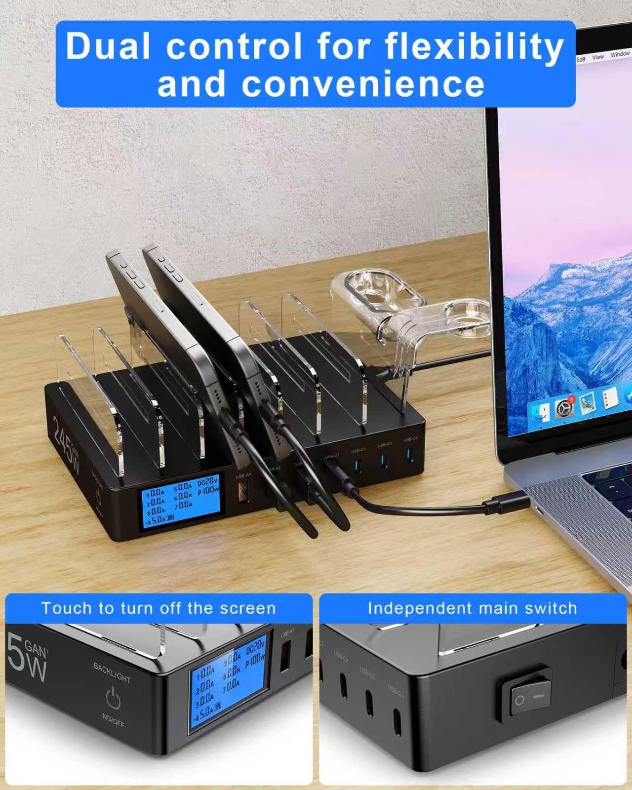 245W Estación de Carga de 7 Puertos, Estación Carga Multidispositivo PD 100W USB C Carga Rápida para iPhone 16/15/14/13, Incluye 7 Cables para Teléfonos, Tabletas y Otros Dispositivos - Negro
