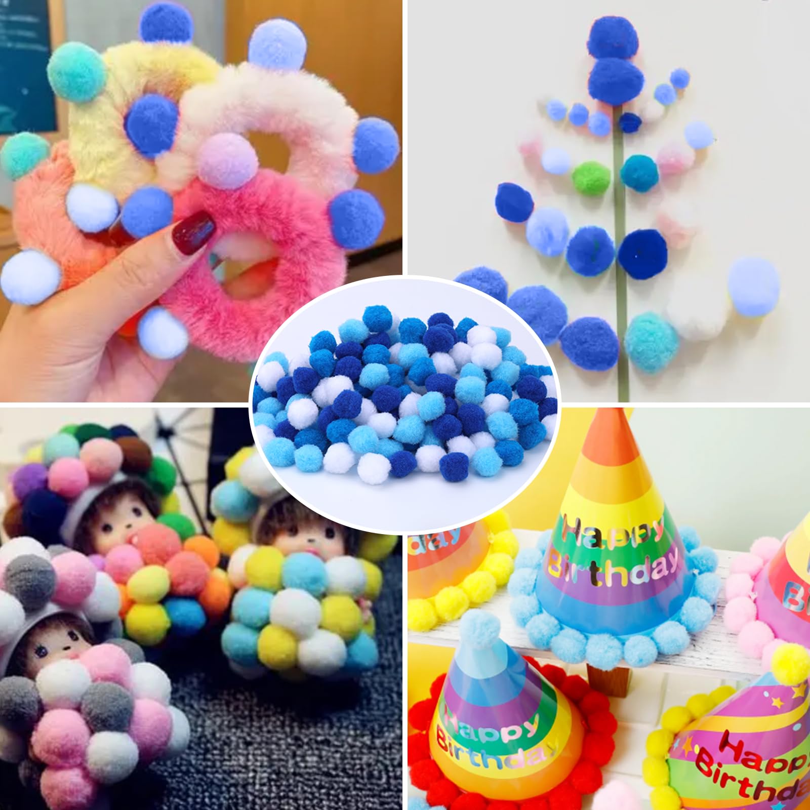 WONVOC Lot de 150 pompons de 2,5 cm, 4 couleurs, pompons en vrac, pour activités créatives à la maison et en classe, décoration d'intérieur, loisirs créatifs, bleu, bleu foncé, bleu ciel et