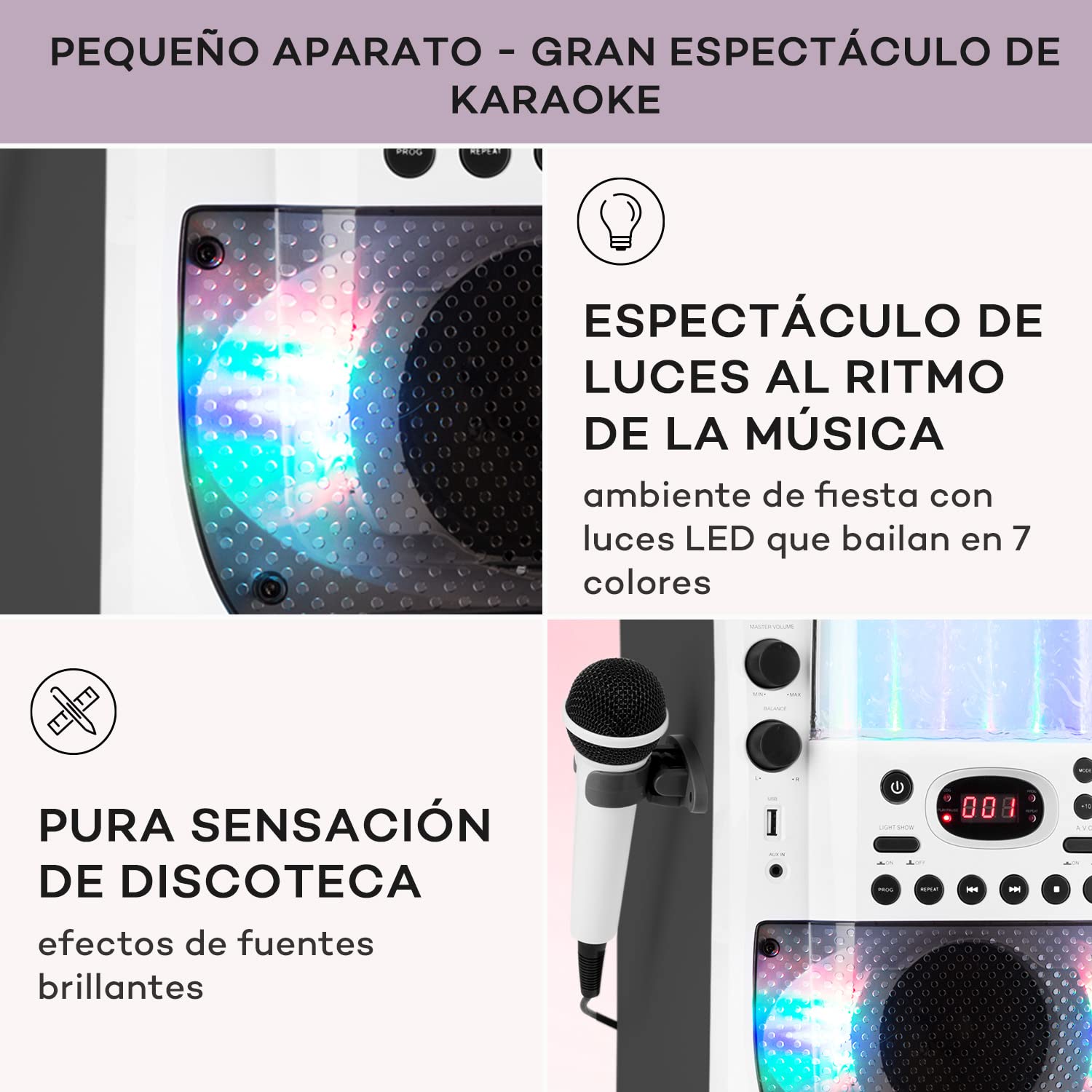 Auna KTV Karaoke con CD y 2 Microfonos Karaoke Portatil para Adultos y Niños, Display de Luces LED, RCA Video, AUX y con Entrada Puerto USB, Microfono Karaoke Infantil, Aparato con Sistema Audio