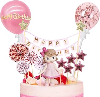 BlingABC Cute Girl Cake Topper 14Pcs, Little Girl Figure with Paper Fans Rose Gold Happy Birthday Banner Confetti Balloon Purple Star Decoration for Kids Birthday Baby Shower Party Supplies