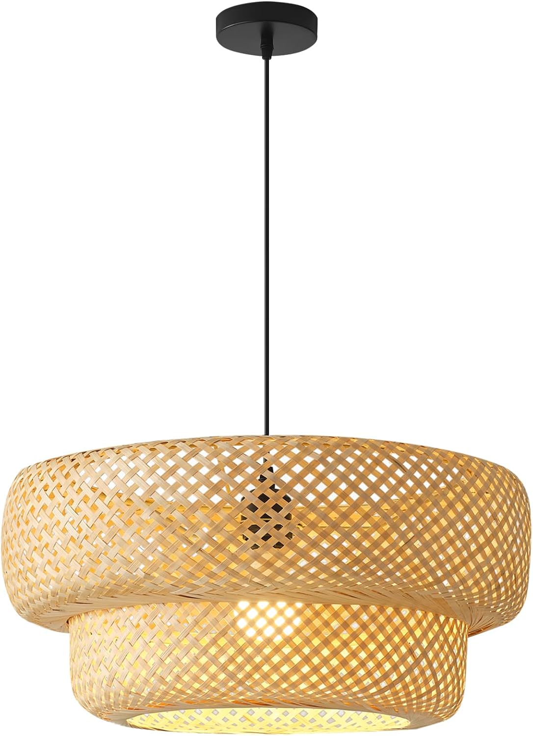 Bamboo Pendant Light Boho Rattan Hanging Light 17.7" Hand Woven Wicker Chandelier for Kitchen Island for Kitchen Island Dining Bedroom Living Room Restaurants Bamboo 2-Tier 17.7in