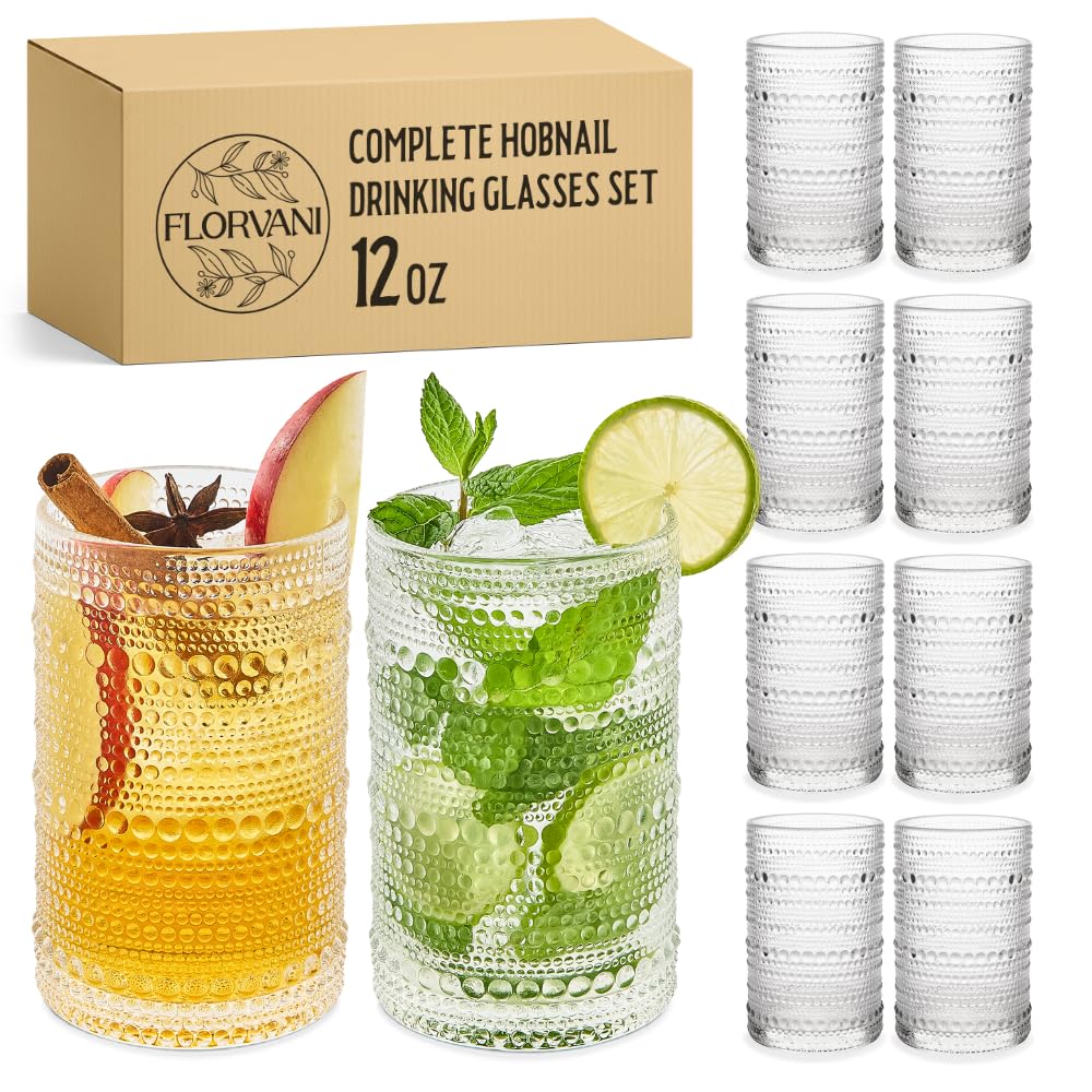 Florvani 12 Oz Hobnail Drinking Glasses Set of 8