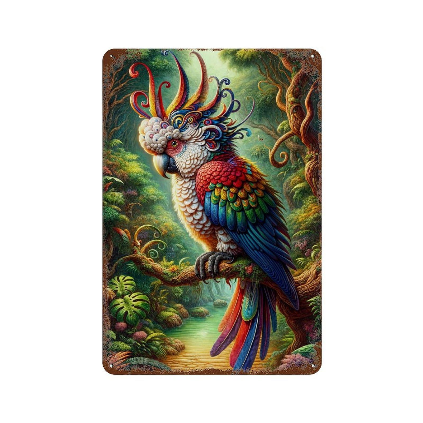 Colorful Amazon Parrot in Rainforest Retro Metal Sign 11.8"x7.9", Decorative Metal Wall Art for Basement, Hobby Room And Garage Decor