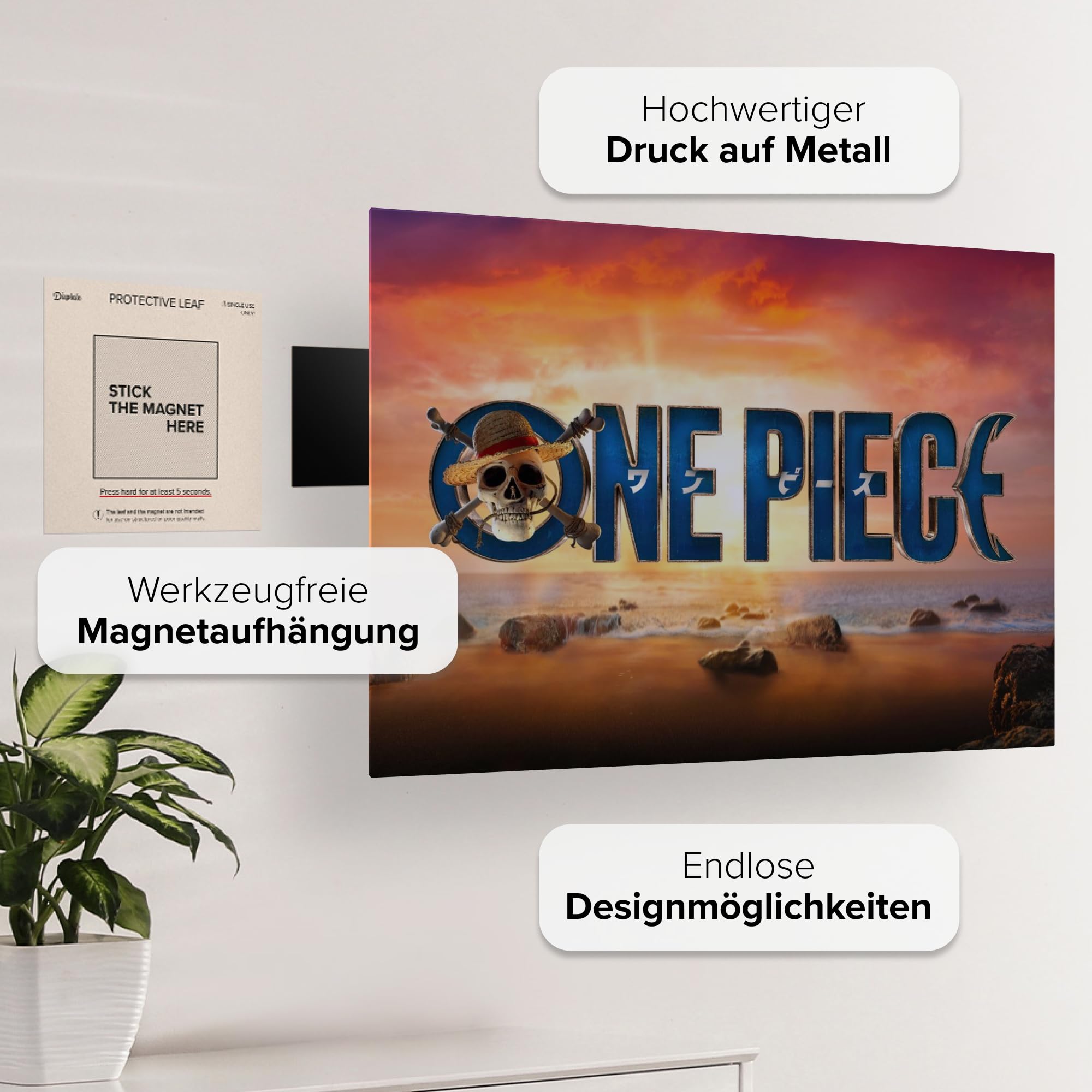 Displate - Poster in metallo - One Piece Live Action - One Piece Logo - Jolly Roger Logo - Dimensione M - 32 x 45 cm Matt