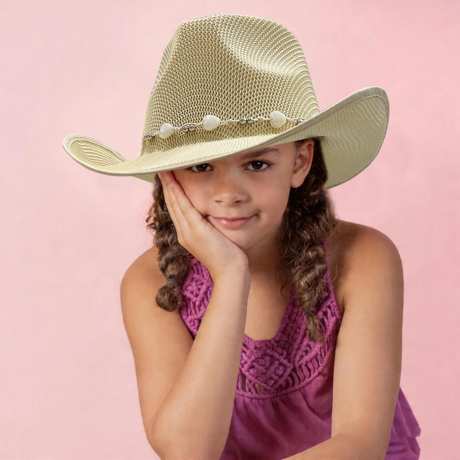 Jastore Kids Girls Western Cowboy Hat Toddler Straw Sun Hat with Two Decorative Bands