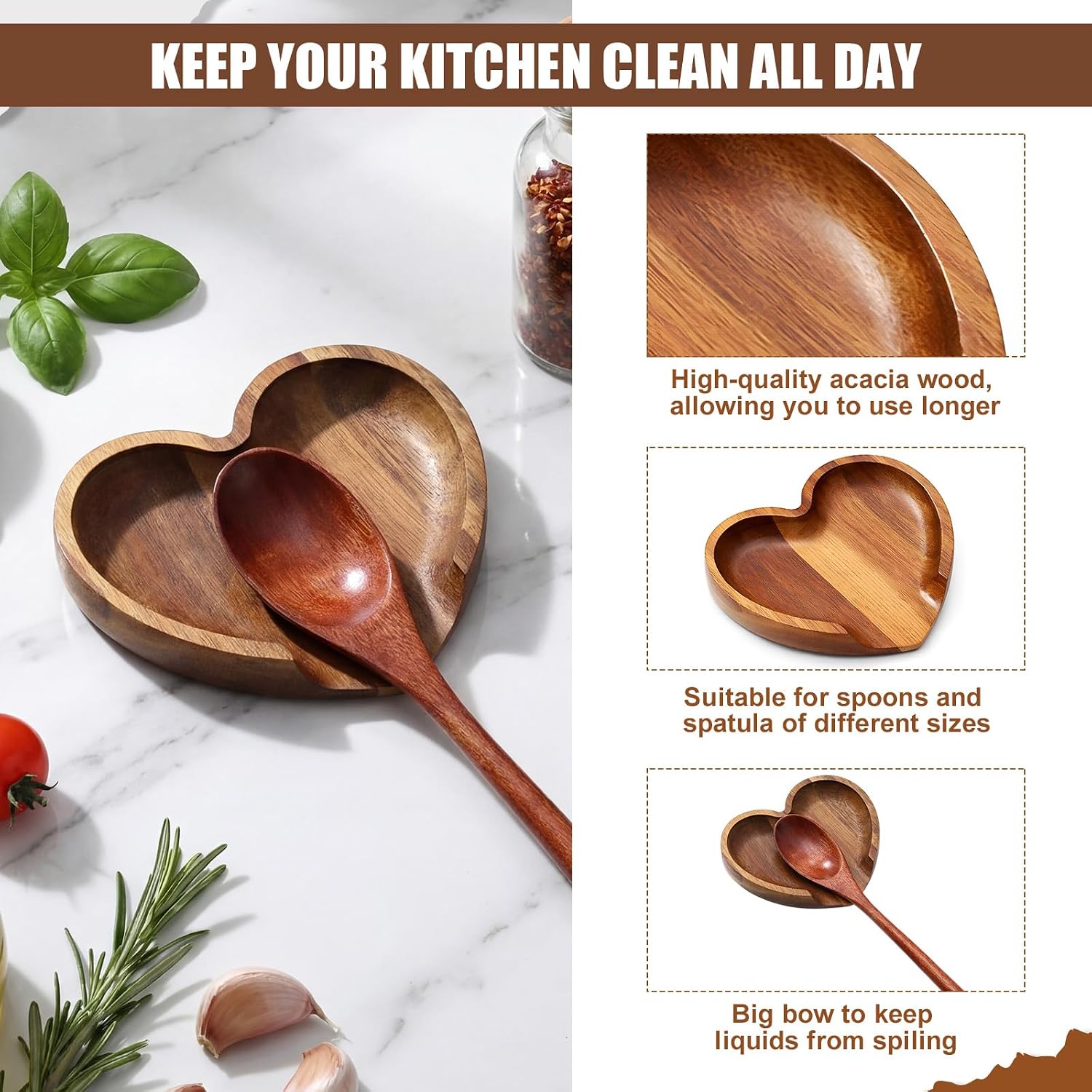 Baderke 1 Pcs 4.9 Inch Heart Shaped Spoon Rest Acacia Wooden Spoon Holder