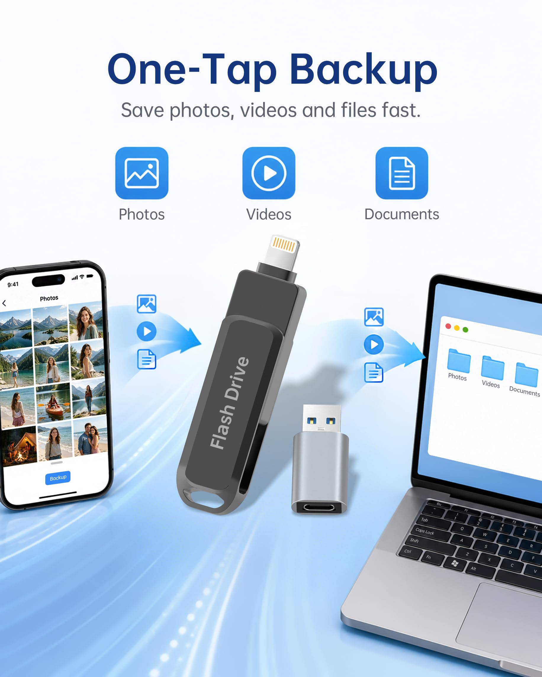 Unidad USB de 512 GB con certificación MFI (negro) - Compatible con iPhone, iPad, Android y PC, unidad flash portátil 3 en 1, memoria USB para almacenamiento de datos con ~ 484 GB de espacio