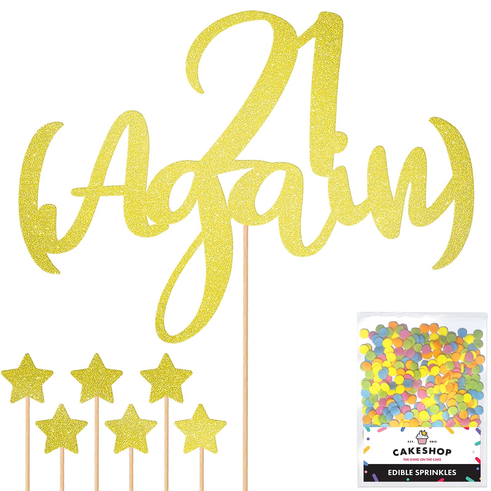 Personalised Funny Old Joke 21 Again Glitter Cake Topper - Champagne Any Age Glitter Cake Decoration and Sprinkles - Happy Birthday Decorations - Personalised Toppers for Cakes by Cakeshop โ image 1