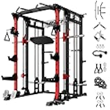 Smith Machine Power Cage with LAT Pulldown & Cable Crossover, All-in-One Power Rack Home Gym System with Leg Press Attachment & Accessories