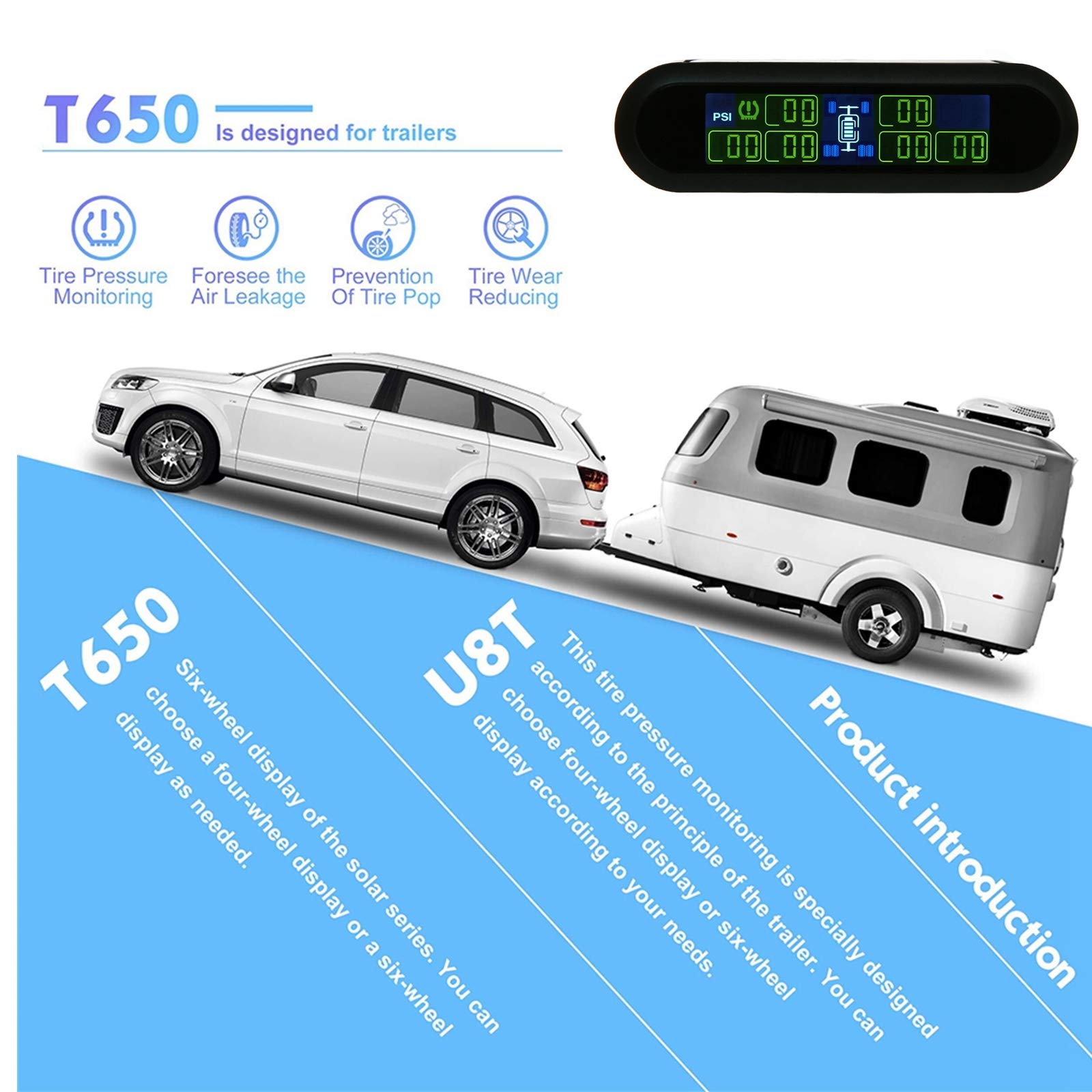 Terisass Reifendruckkontrollsystem Reifendrucküberwachungssystem Drahtloser Solar-TPMS-LCD-Monitoralarm mit 6 externen Sensoren T650 TPMS für Fast alle Wohnmobile Motorhome