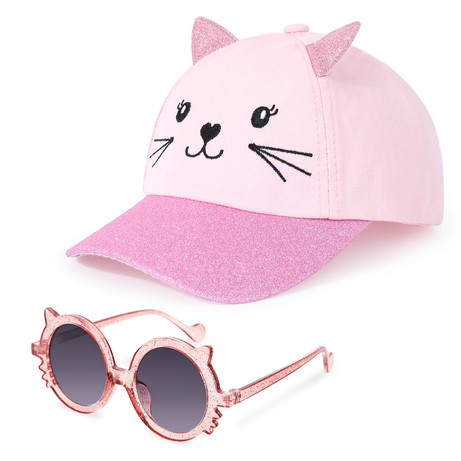 Gorra de Béisbol para Niñas con Orejas de Gato, Gafas de Sol para Niños Protección UV Ajustable Sombrero de Lentejuelas Visera Lindo Playa Gorras Casual Regalos para Niñas Verano
