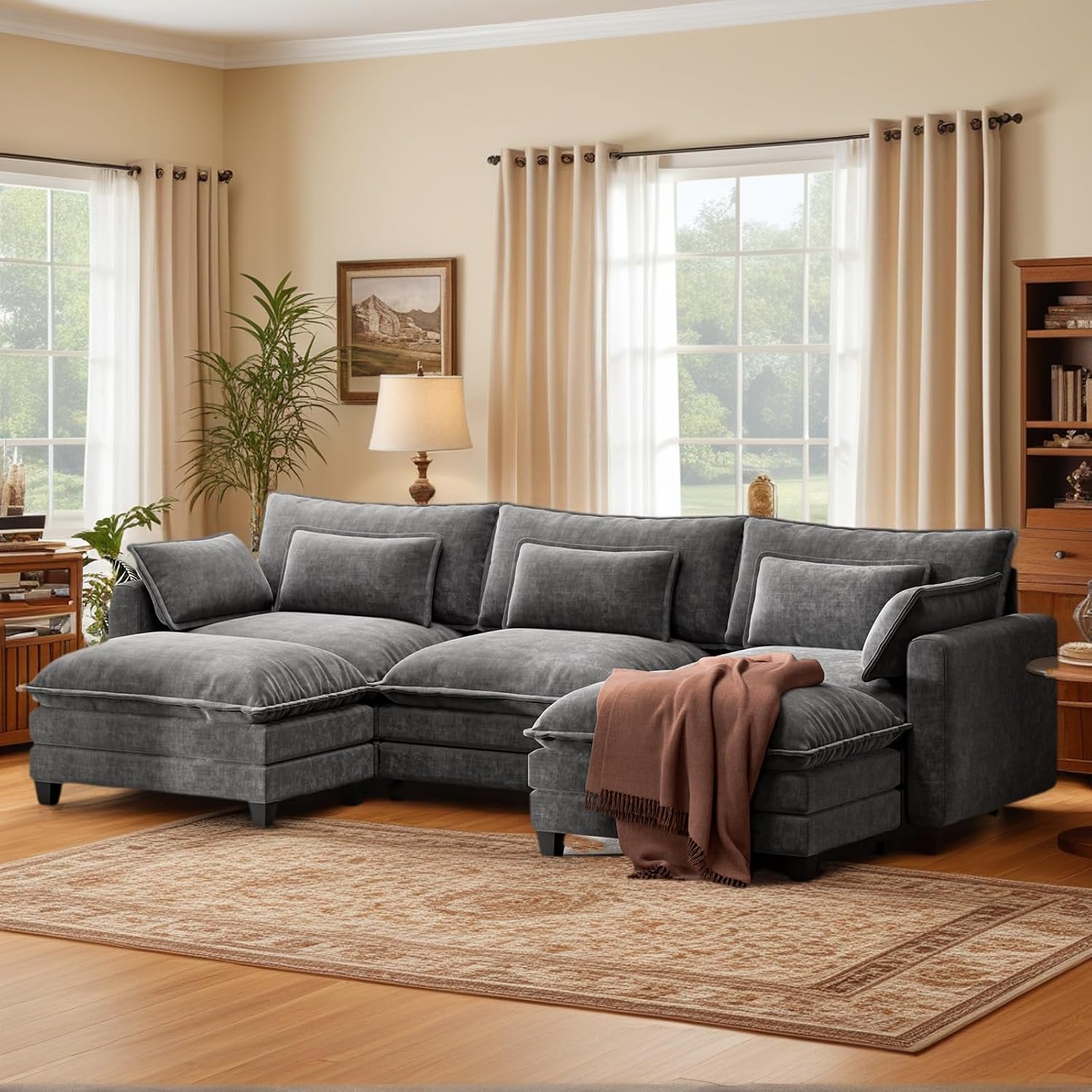 Marsail Modular Sectional Sofa 110.6" U-Shaped 5-Seat Chenille Charcoal Gray