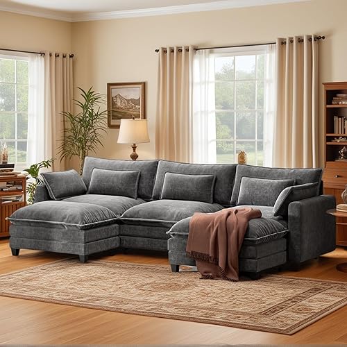Marsail Modular Sectional Sofa 110.6" U-Shaped Modern Comfy Cloud Couch, 5-Seat Chenille Deep Seat Sofa with Throw Pillow & Movable Ottoman for Living Room, Bedroom and Apartment, Charcoal Gray
