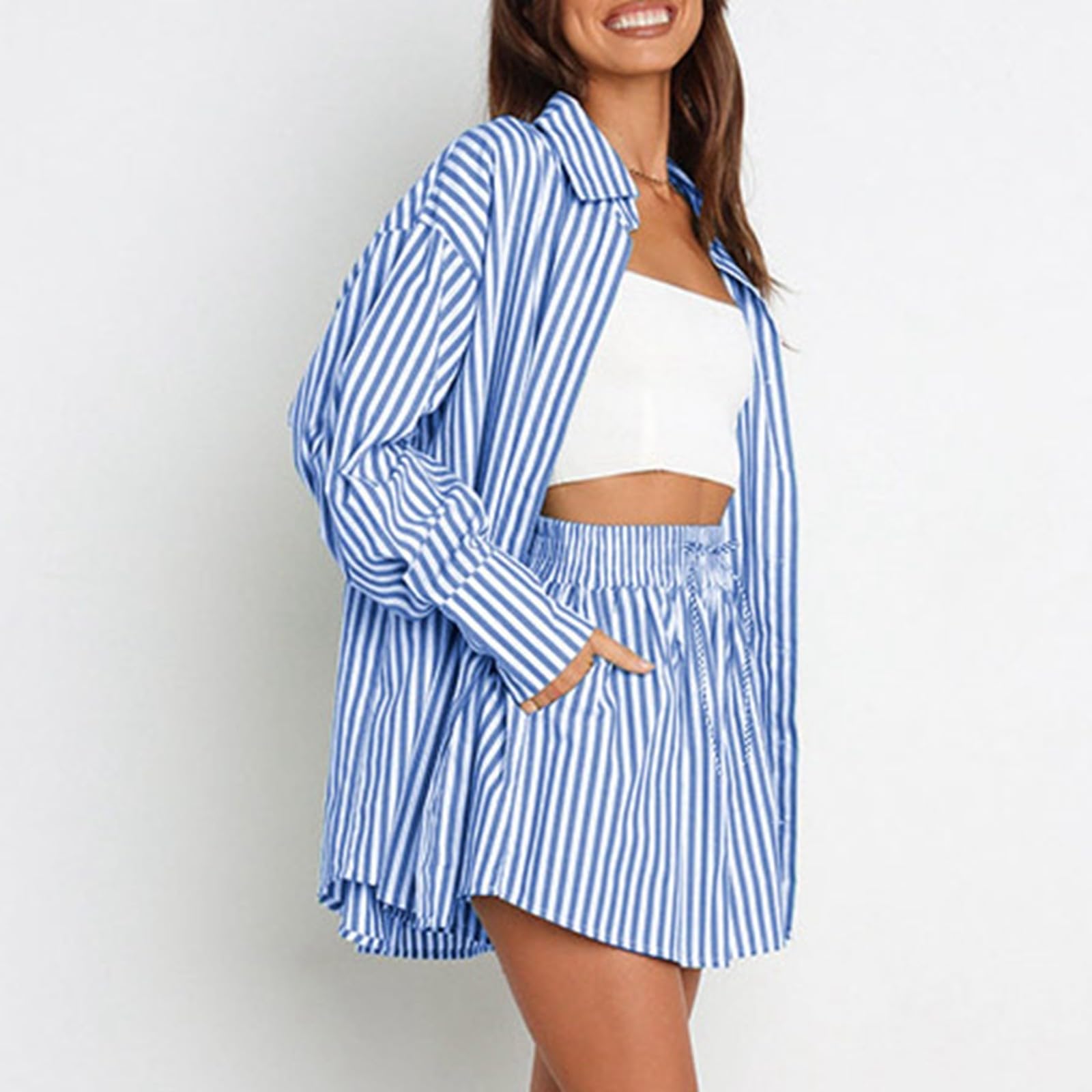Conjunto de pantalones cortos casuales de primavera y verano para mujer, camisa a rayas de manga larga dividida de dos piezas