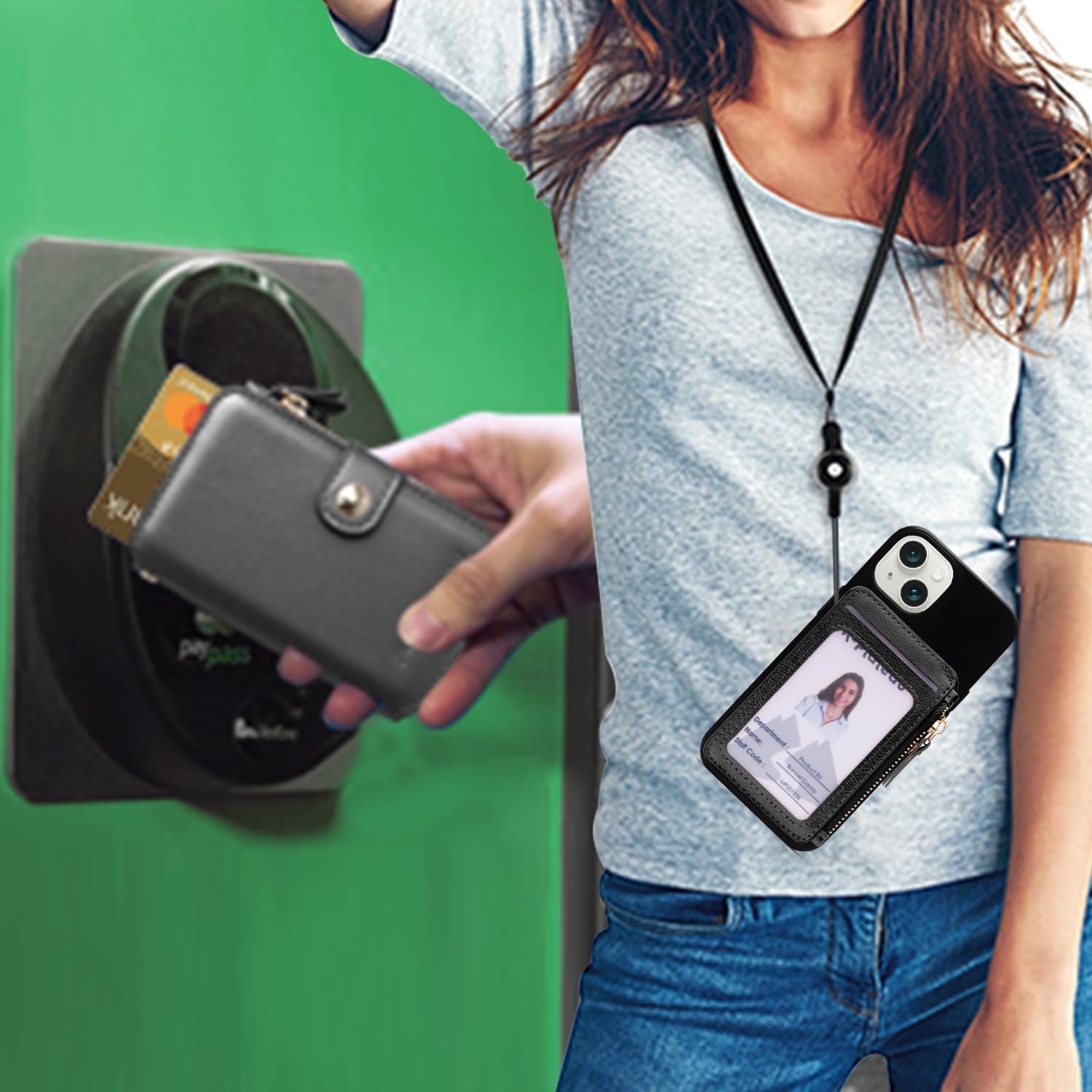 M-Plateau Handy-Geldbörse zum Aufkleben – schlanker, langlebiger und stilvoller Kartenhalter aus PU-Leder mit 3M-Kleber und abnehmbarem Umhängeband für iPhone und die meisten Smartphones (schwarz)