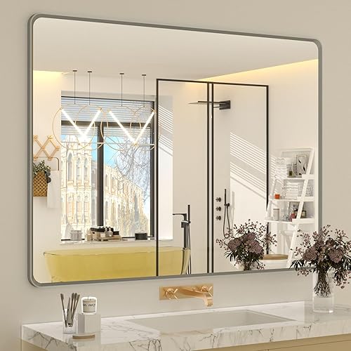 Miniatura 51 de OKPAL Espejo de Baño con Marco de Metal Negro de 40 x 36 Pulgadas para Pared, Espejo de Tocador de Baño Negro Mate, Espejo Rectangular Redondeado