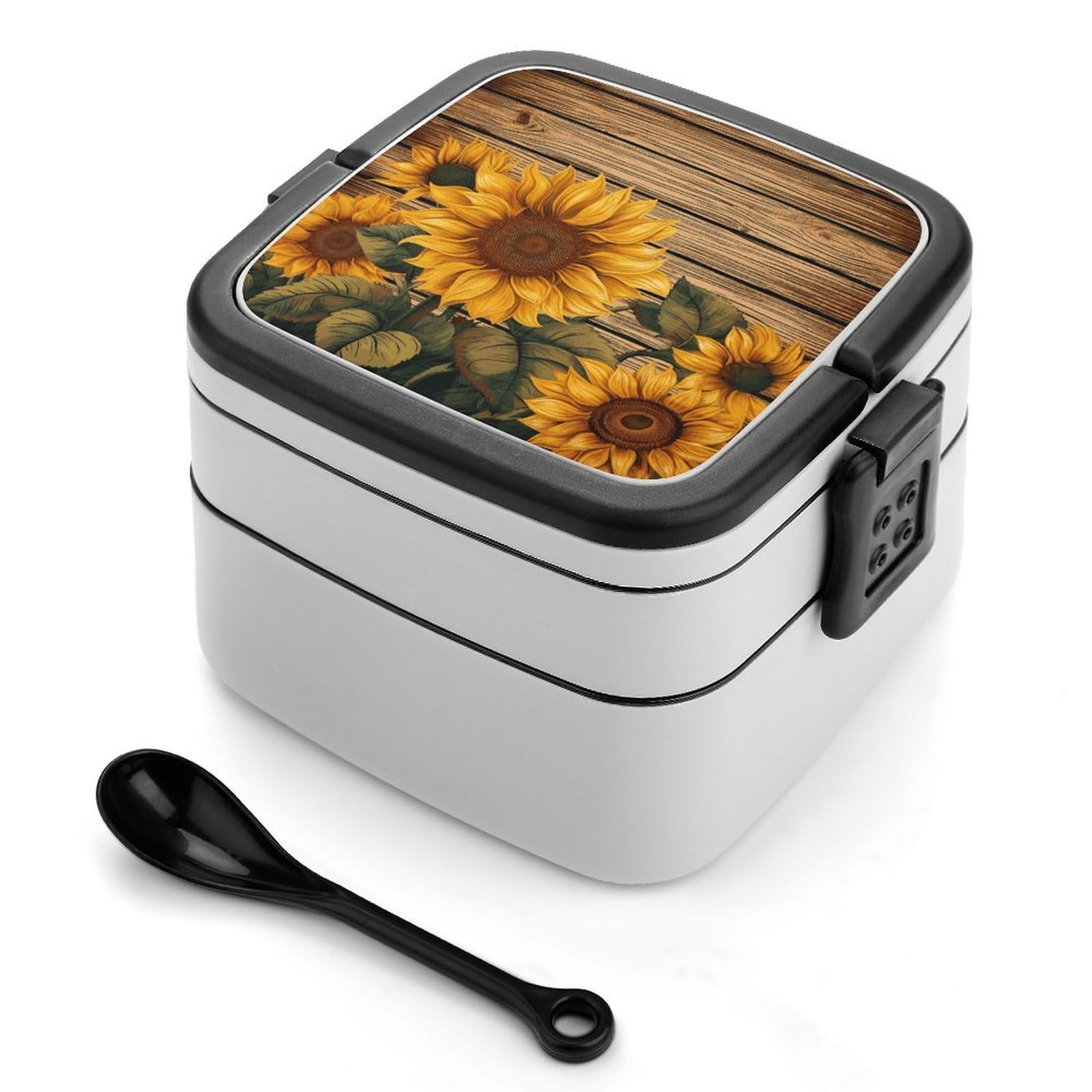 FekiLoot Paint Wooden Board Sunflower Bento Box Adult Lunch Box Sealed Bento Lunch Boxes with Spoon Sturdy Double Layer Bento Boxes Snap-on Design Leak Proof Lunch Containers Ideal for Work