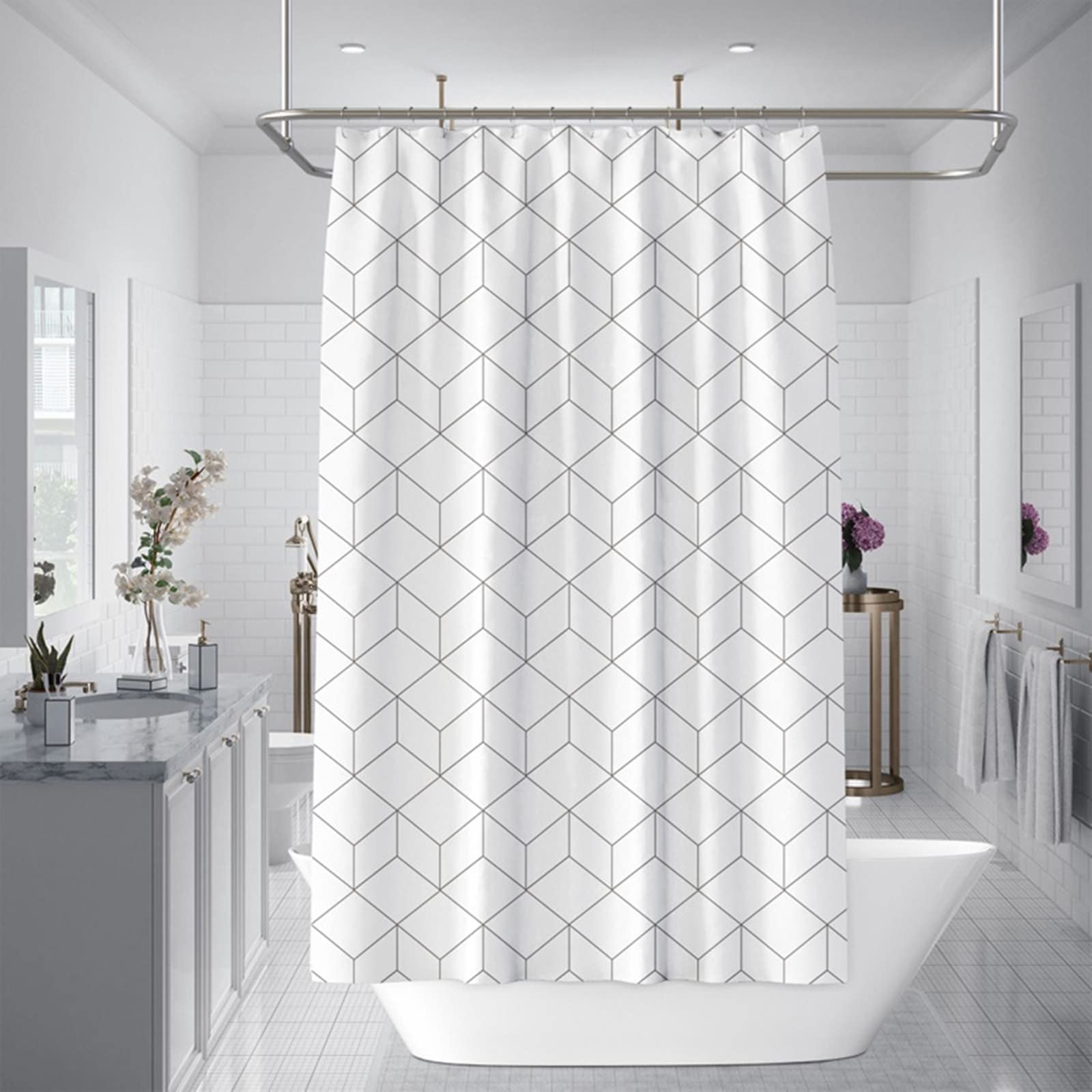 Tenda Doccia 180 x 180, Poliestere Bianco Modello a quadri cubico Tenda vasca da bagno, lavabile, asciugatrice rapida