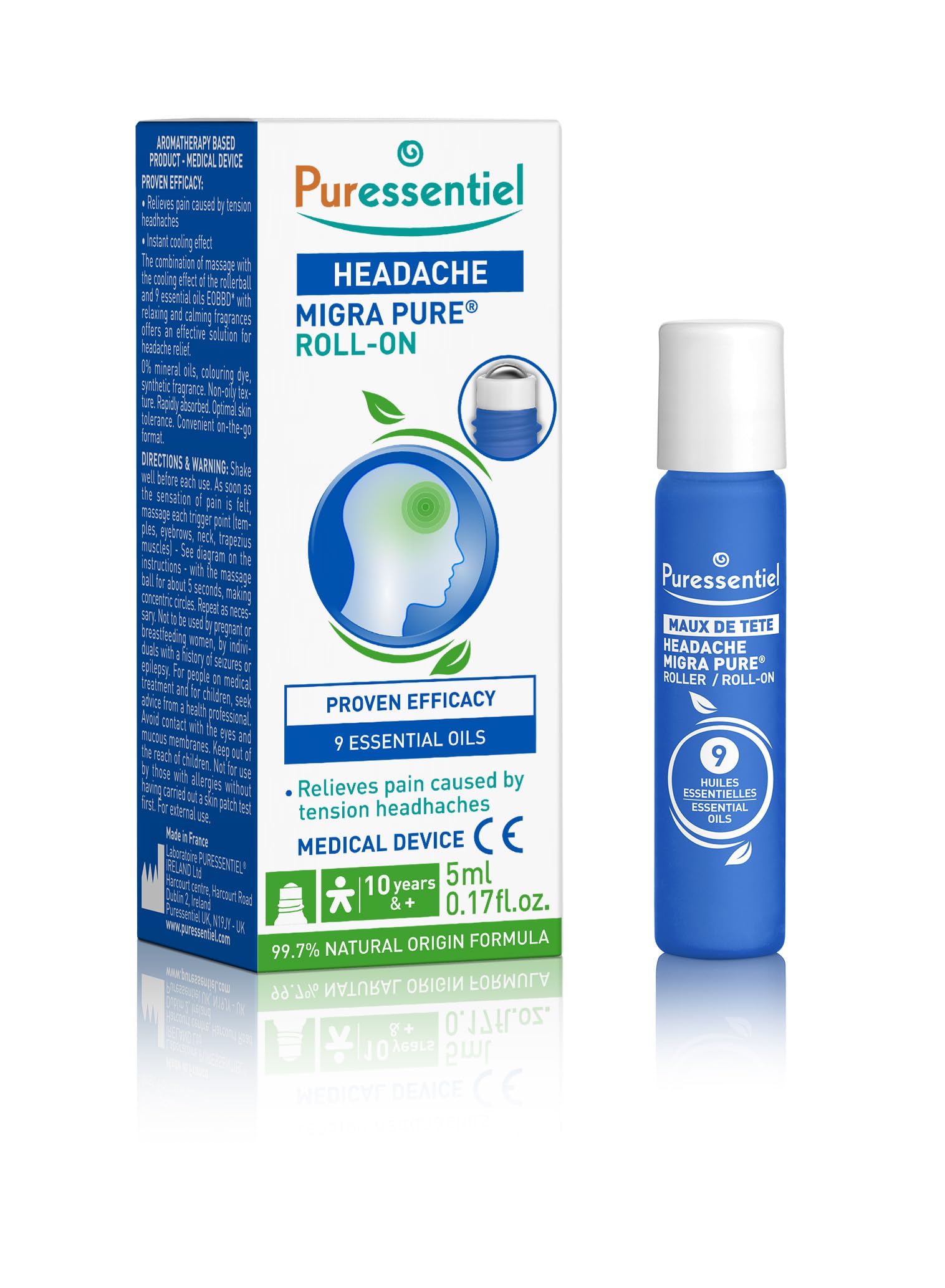Puressentiel – Roll-On Dolor de Cabeza – Eficacia probada para aliviar el dolor – Alivio Rápido – Efecto Frío Intenso – 9 Aceites Esenciales – 5 ml